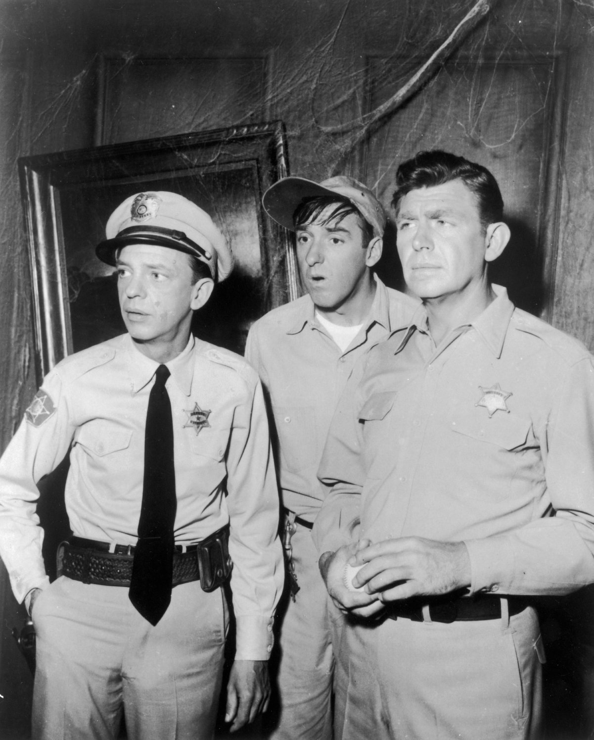 Don Knotts as Barney Fife, Jim Nabors as Gomer Pyle, and Andy Griffith as Andy Taylor in a scene from 'The Andy Griffith Show'