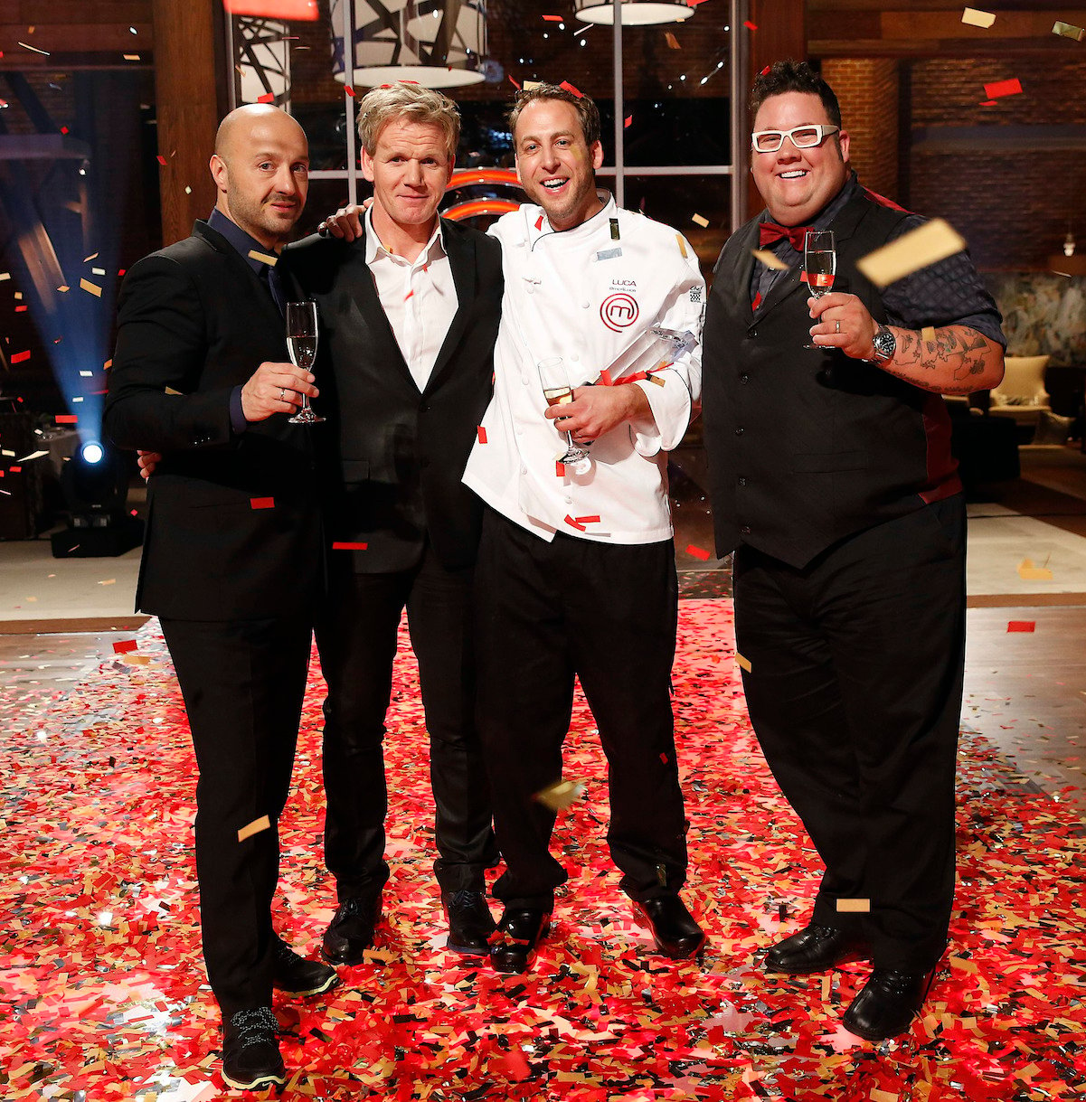 Joe Bastianich, Gordon Ramsay, Contestant Luca, and Graham Elliot during the season 4 MasterChef finale 