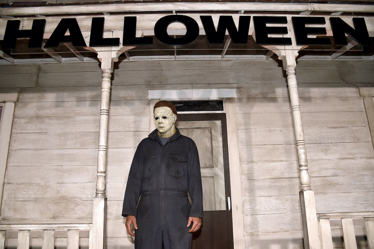 an actor dressed as Michael Meyers Halloween premiere