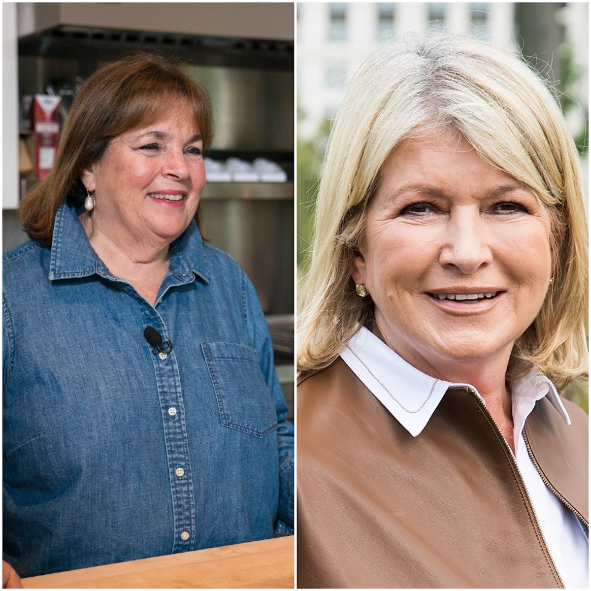 (L-R) Ina Garten stands in front a kitchen island on 'Today with Willie Geist'; Martha Stewart smiles as she leaves the Carolina Herrera fashion show in 2019