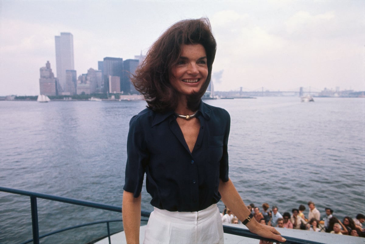Jacqueline Kennedy Onassis can be made out in the New York Harbor, as she returns to the Big Apple from Staten Island, where she toured the Snug Harbor Cultural Center.