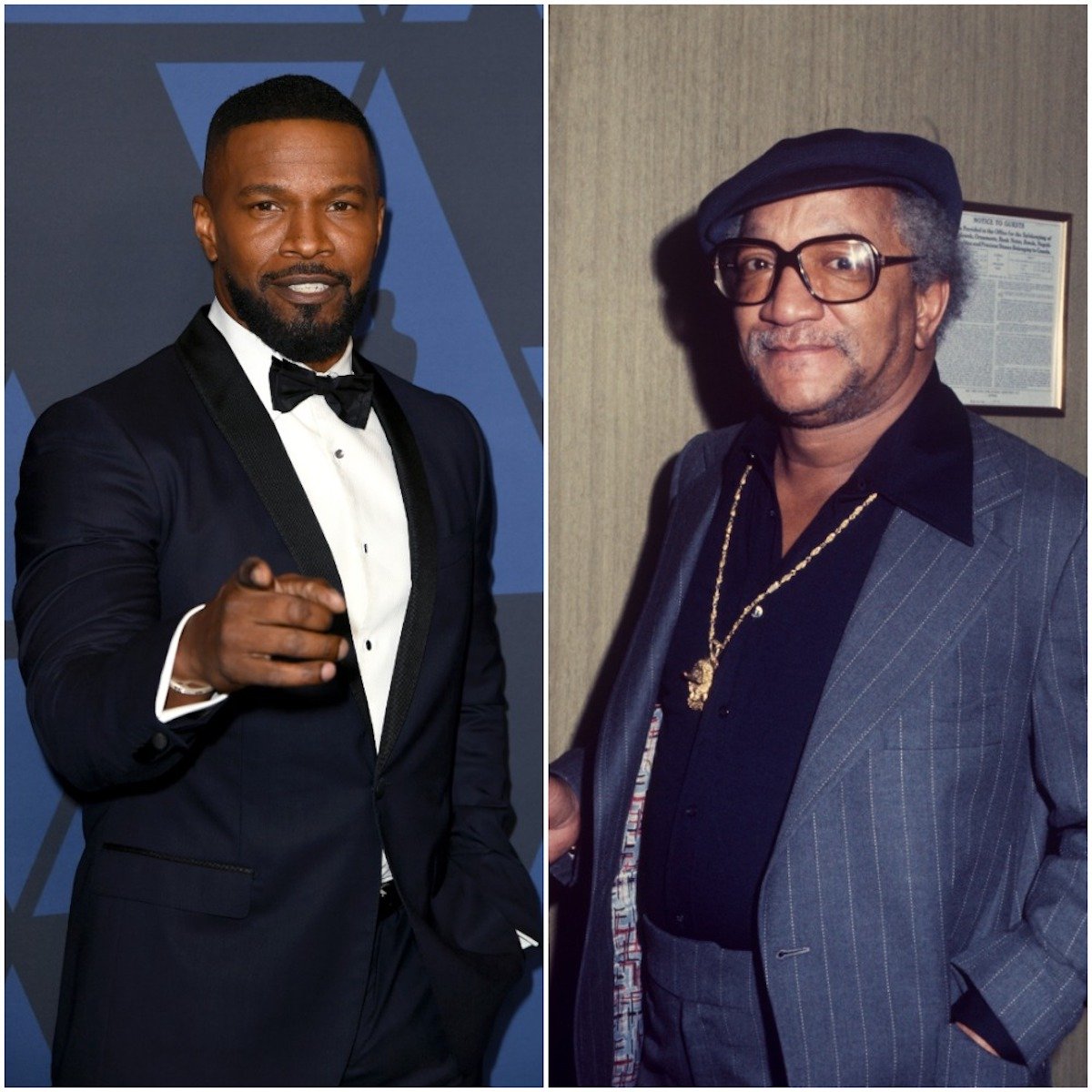 Jamie Foxx attends the Academy Of Motion Picture Arts And Sciences' 11th Annual Governors Awards and Redd Foxx wearing a blue pinstriped suit; circa 1970;