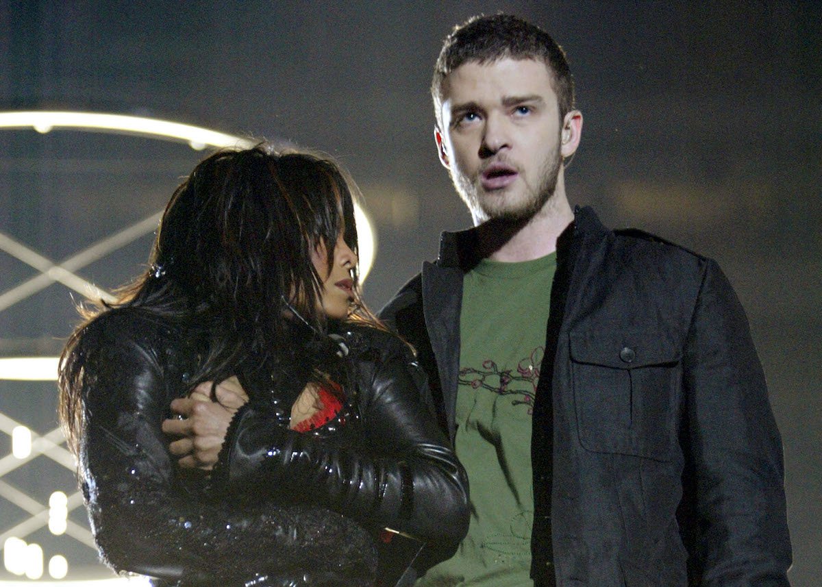 Janet Jackson and surprise guest Justin Timberlake perform during the halftime show at Super Bowl XXXVIII between the New England Patriots and the Carolina Panthers at Reliant Stadium on February 1, 2004 in Houston, Texas