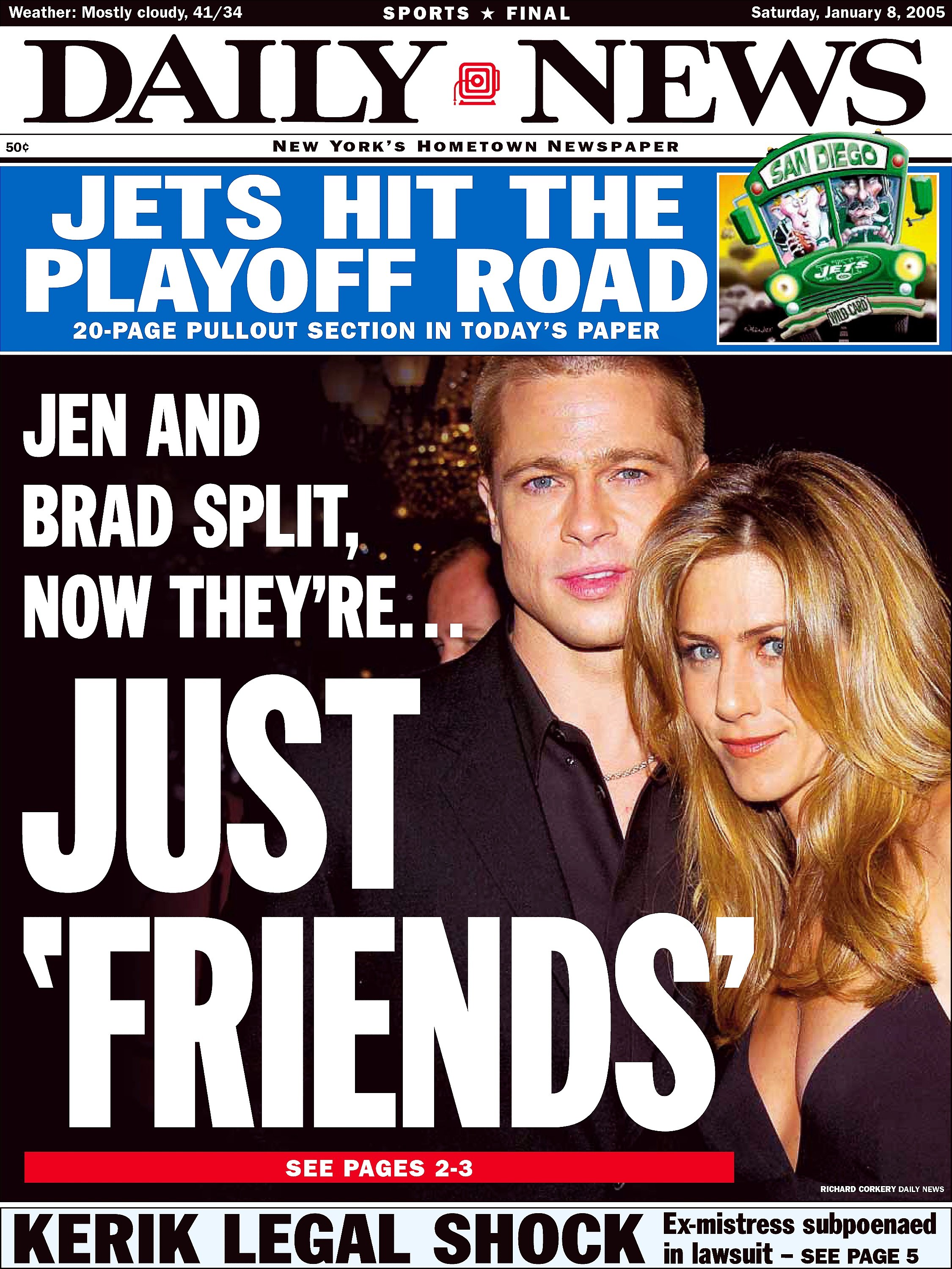 Brad Pitt and Jennifer aniston on the front page of a 2005 edition of 'The Daily News' 