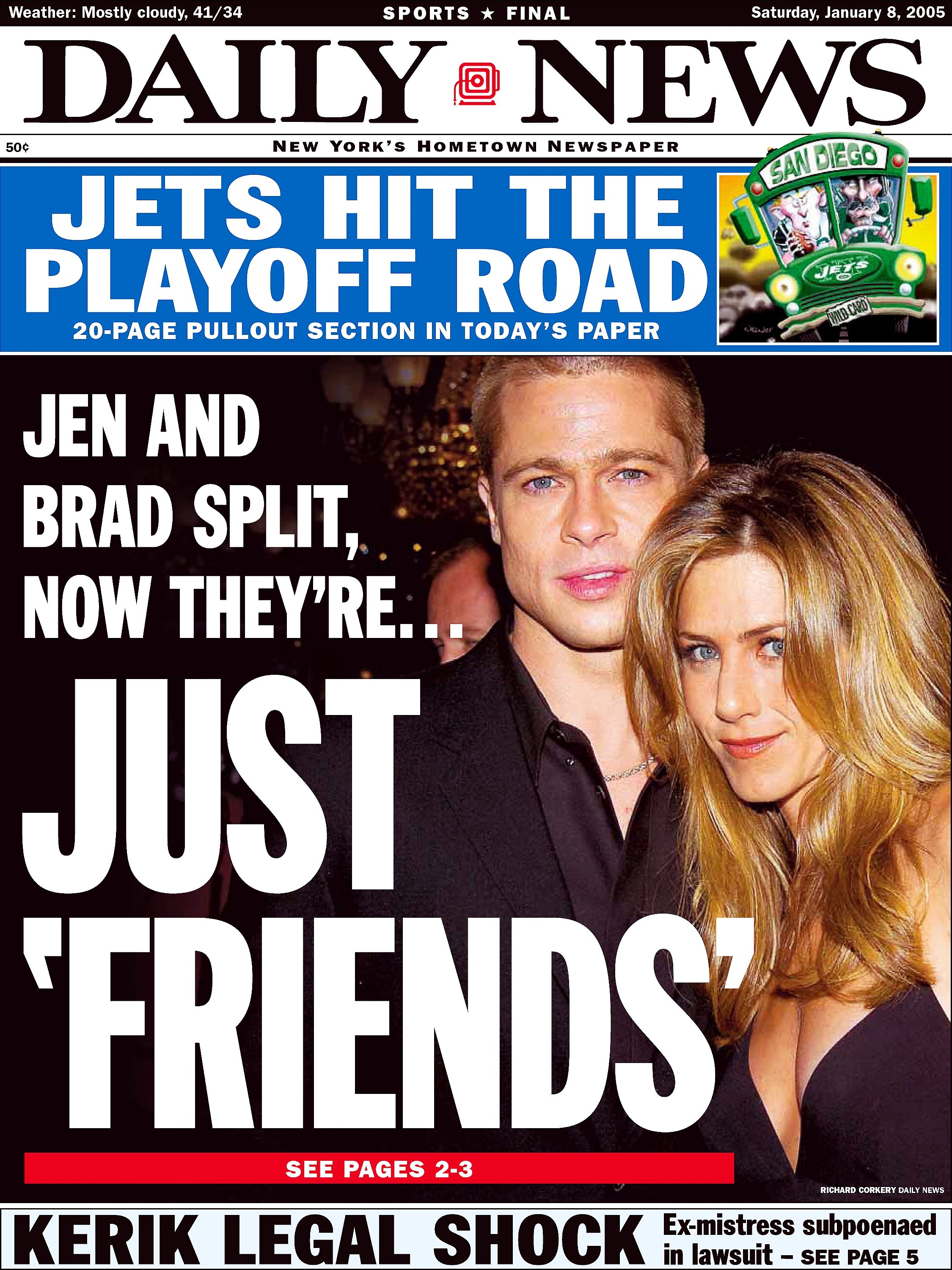 Brad Pitt and Jennifer aniston on the front page of a 2005 edition of 'The Daily News'
