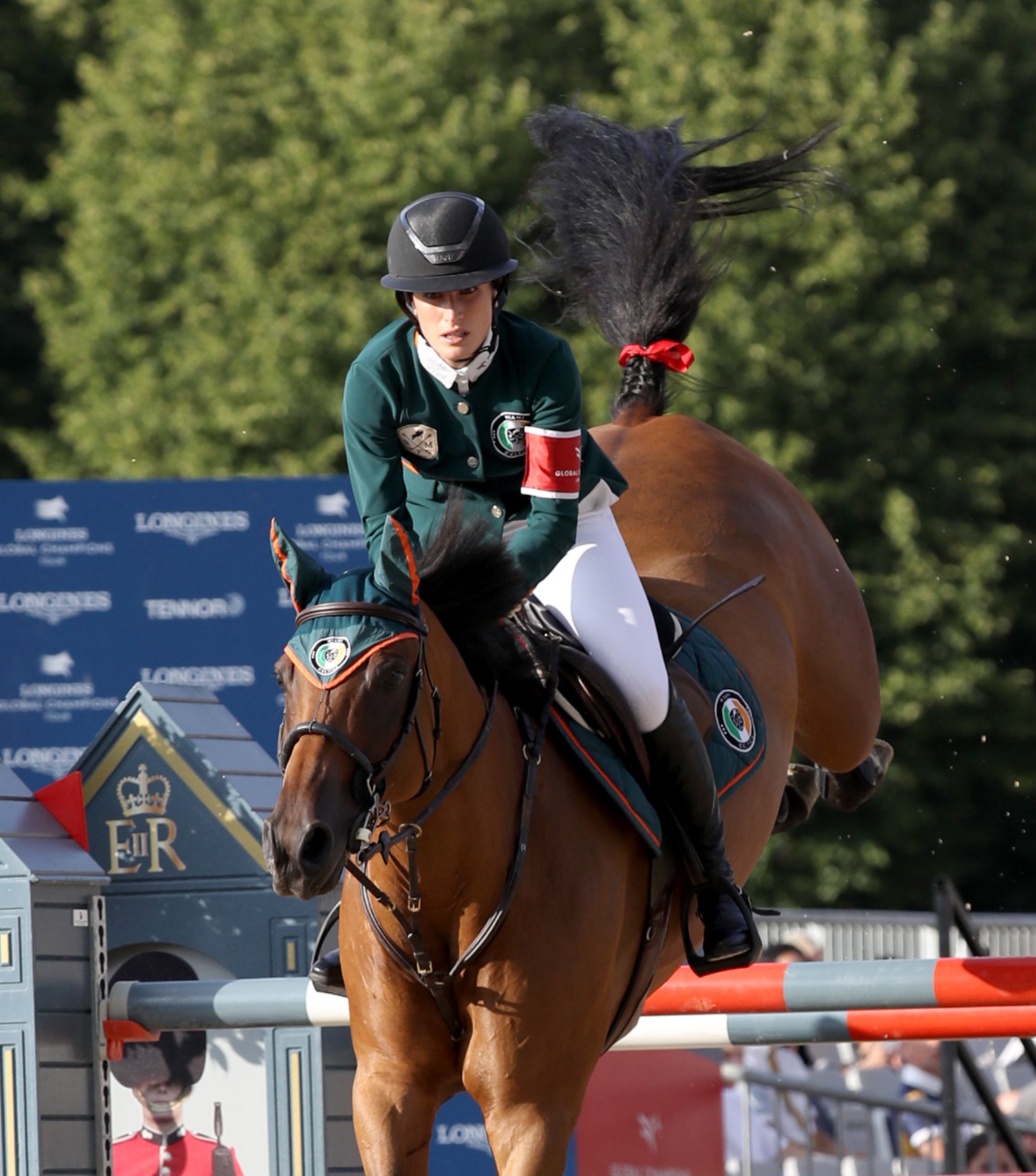 Jessica Springsteen on her horse during competition in London