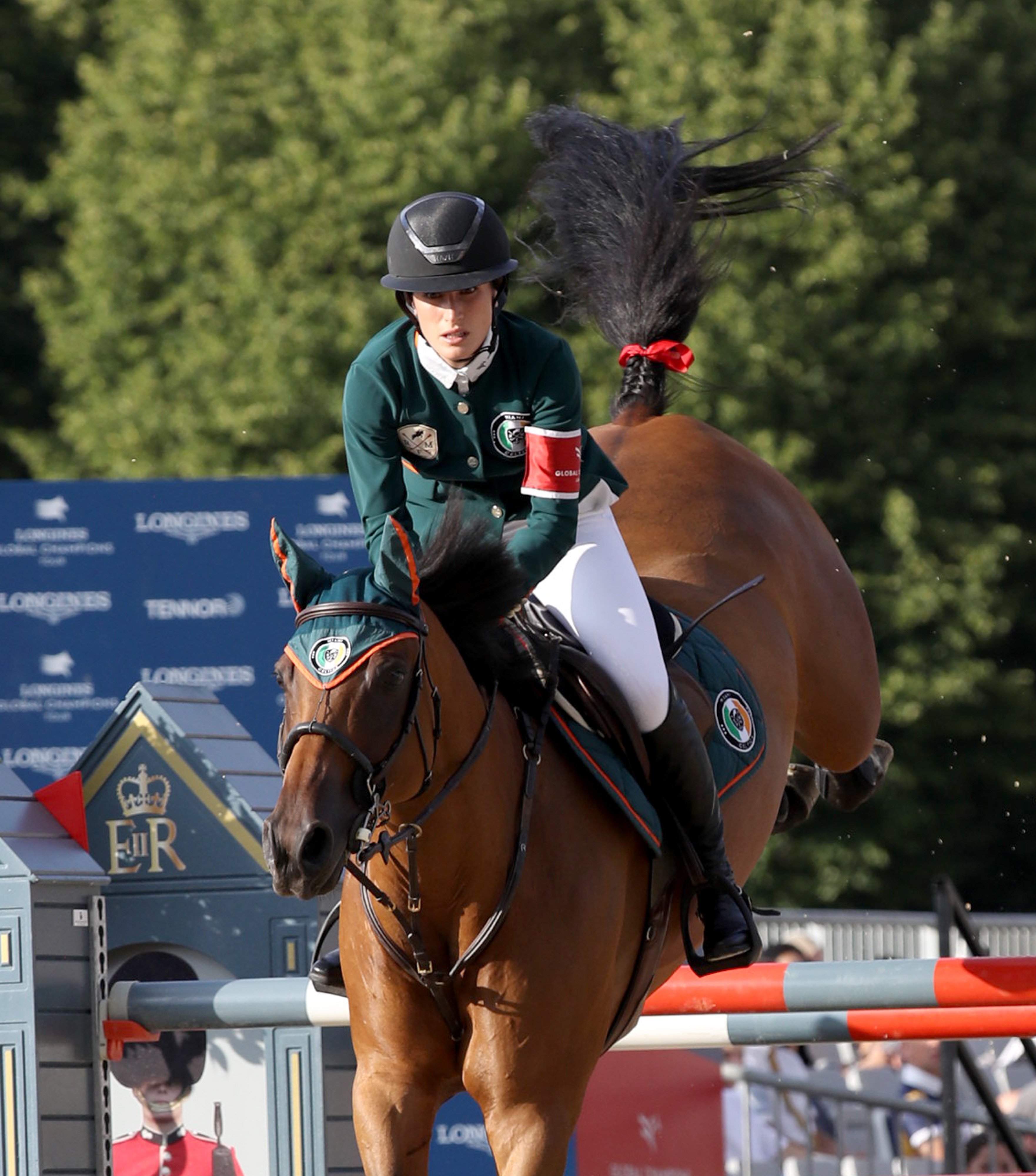 Jessica Springsteen on her horse during competition in London 