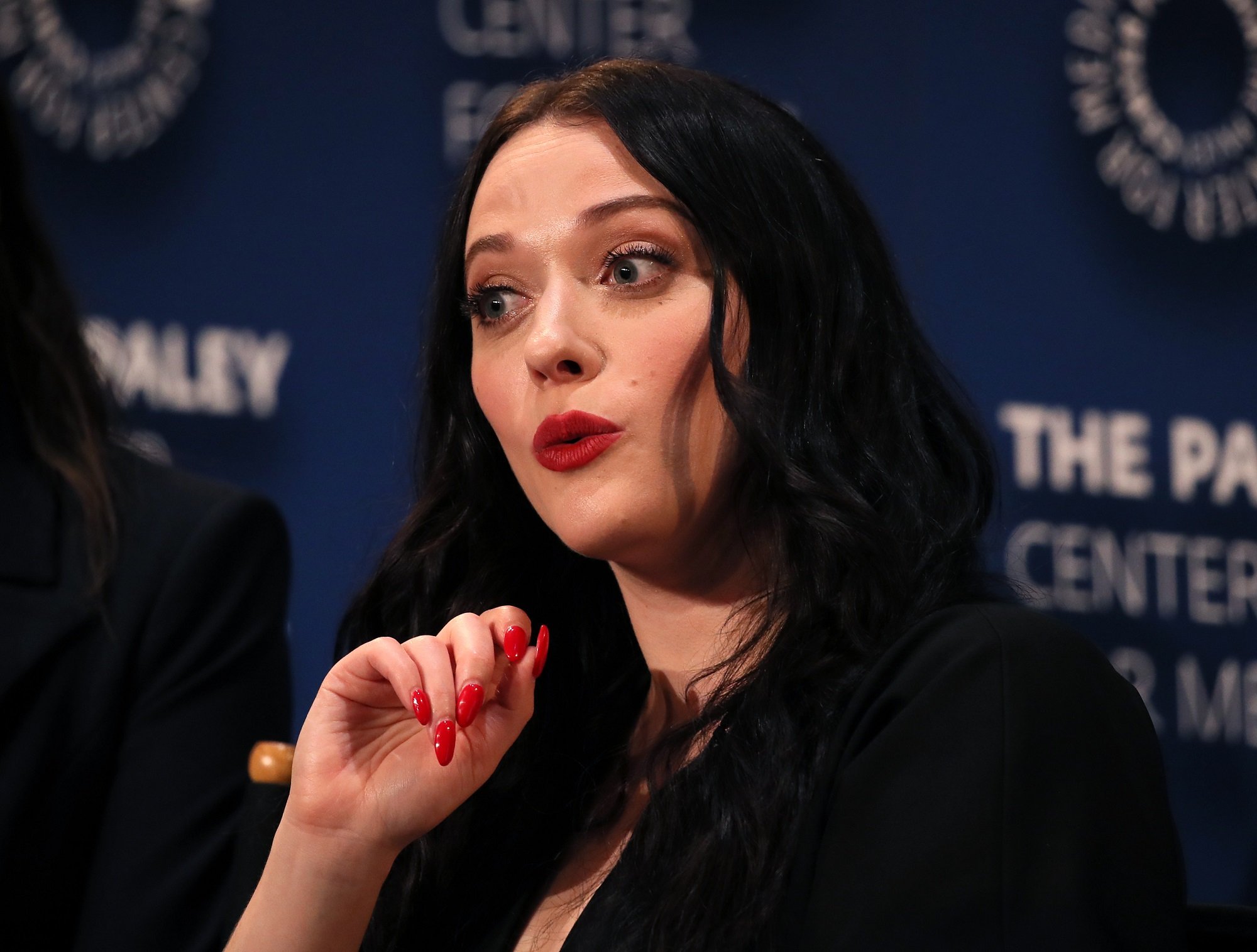 Kat Dennings speaking on stage at The Paley Center for Media's 2019 PaleyFest Fall TV Previews - Hulu