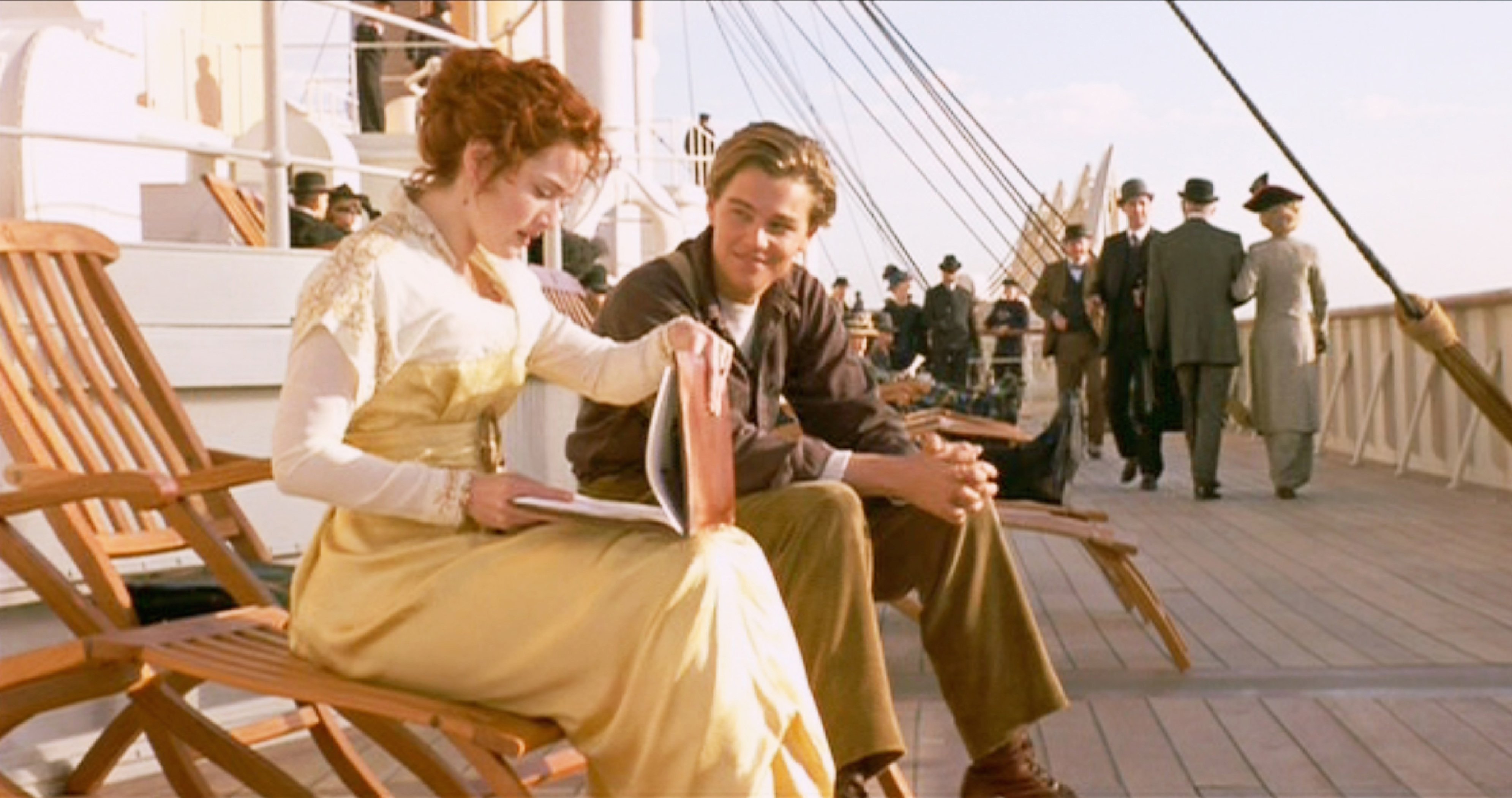 Kate Winslet and Leonardo DiCaprio on the deck of the Titanic