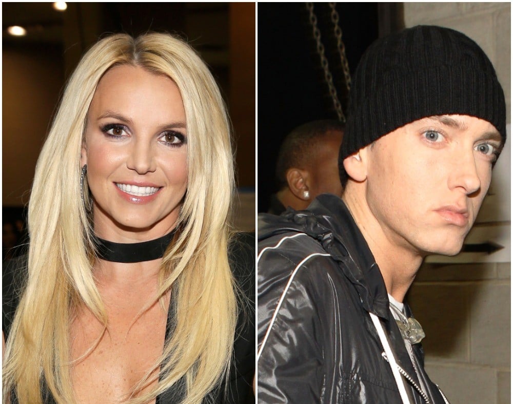 (L) Britney Spears at an iHeartRadio festival, (R) Eminem backstage at 52nd GRAMMY awards