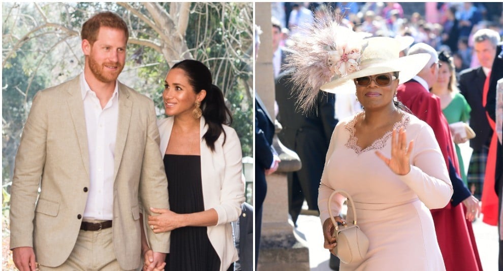 (L) Prince Harry and Meghan Markle at Andalusian Gardens, (R) Oprah Winfrey at Prince Harry and Meghan's wedding