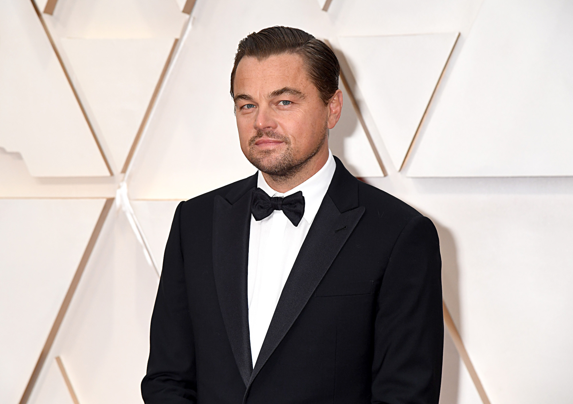 Leonardo DiCaprio smiling in front of a white background