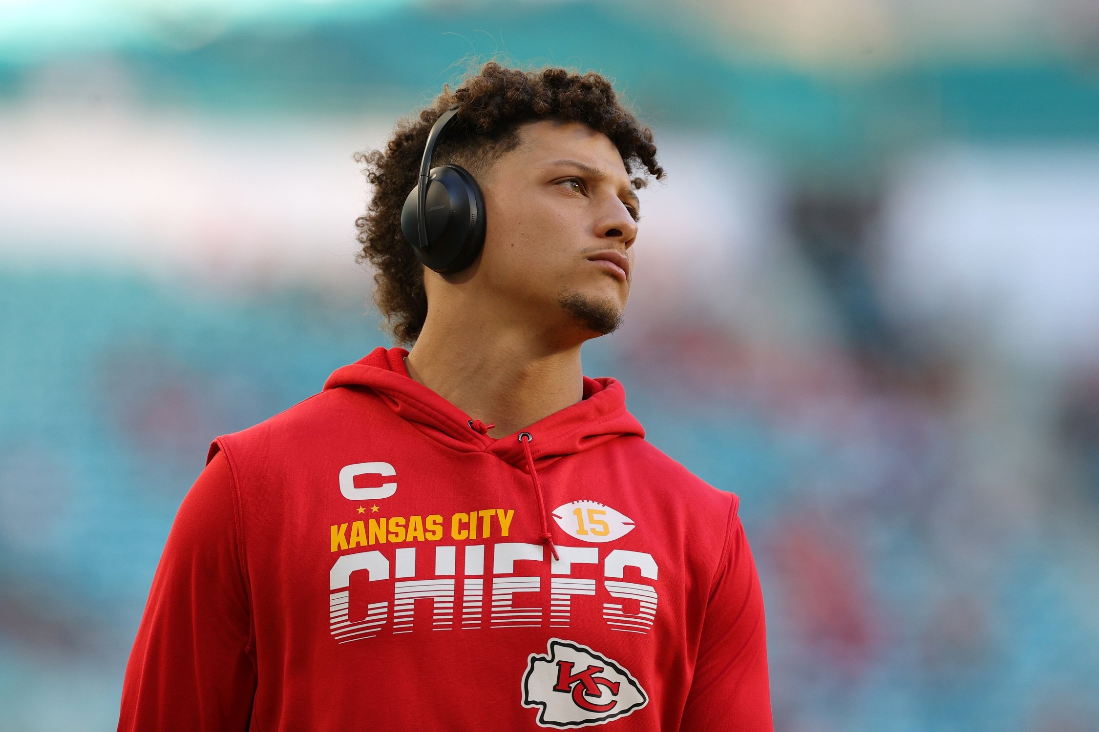 Patrick Mahomes #15 of the Kansas City Chiefs warms up before Super Bowl LIV at Hard Rock Stadium on February 02, 2020 