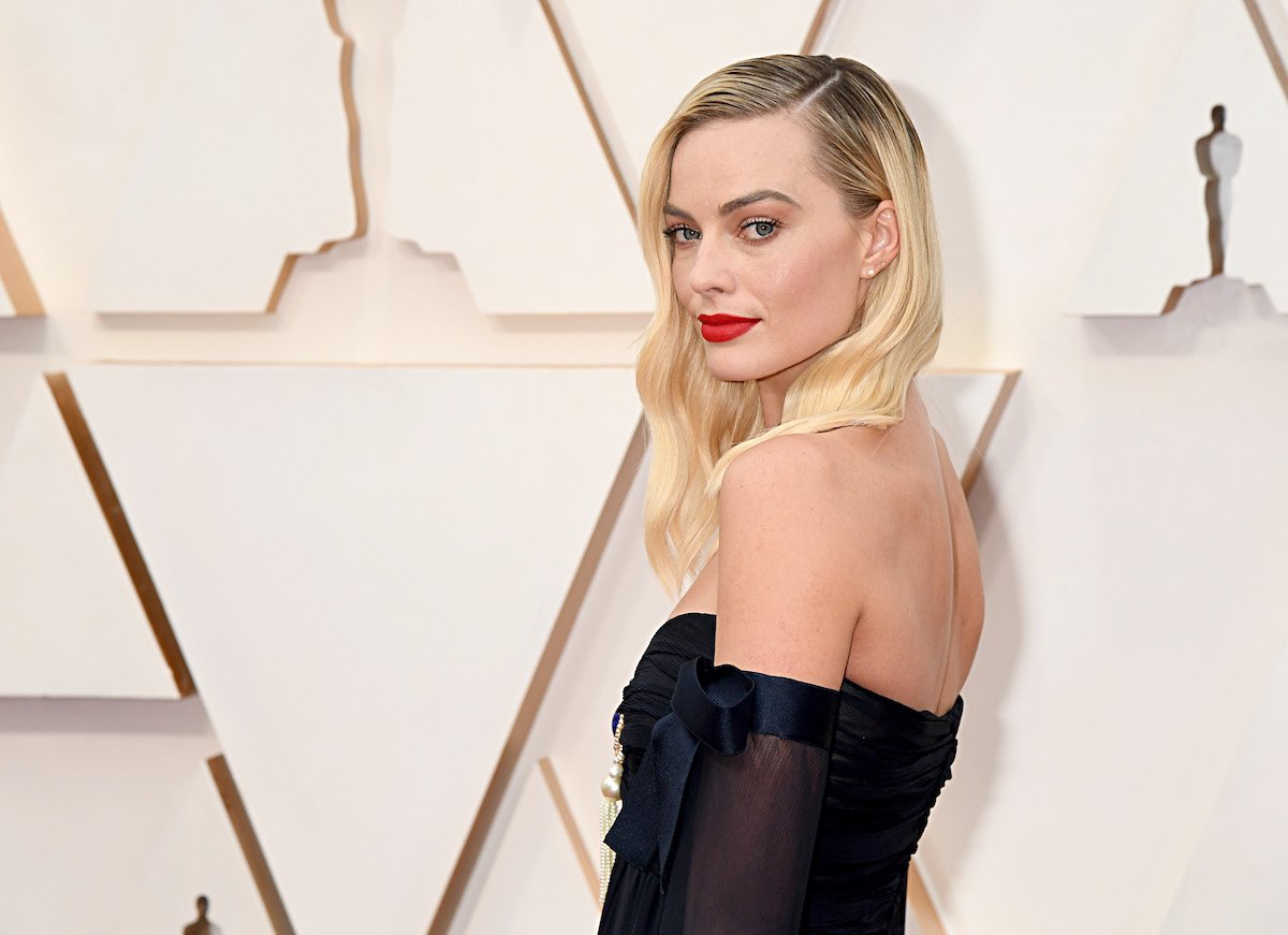 Margot Robbie at the Academy Awards in 2020 wearing a black dress