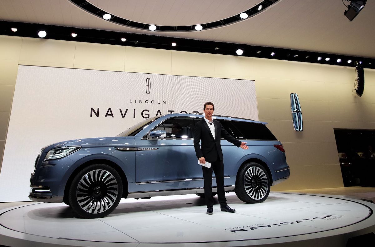 Matthew McConaughey speaks to unveil the Lincoln Navigator concept car during the New York International Auto Show on March 23, 2016.