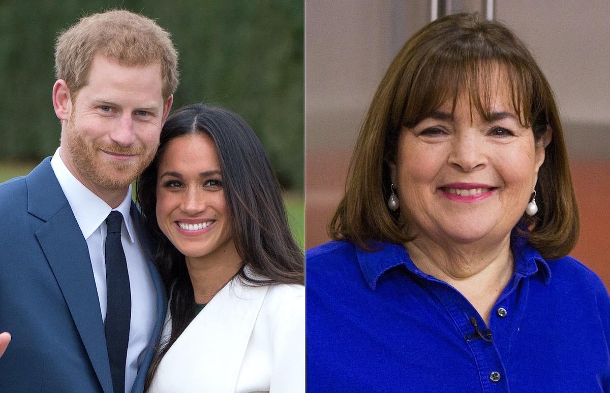 Meghan Markle and Prince Harry smile in a photo opp after announcing their engagement on Nov. 27, 2017 (L), and Ina Garten in a blue top smiling in a kitchen (R)