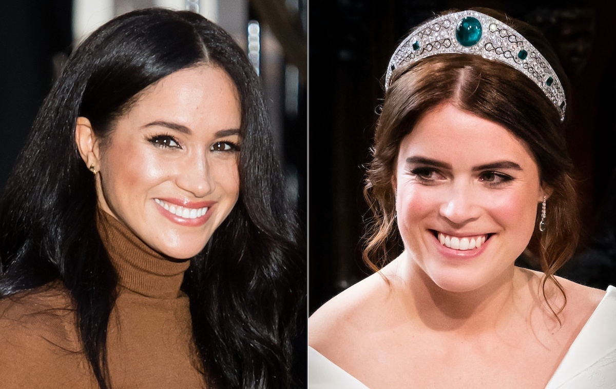 Meghan Markle in a brown turtleneck smiling (L), and Princess Eugenie in a tiara and wedding dress smiling on her wedding day (R) | Samir Hussein/WireImage/Danny Lawson - WPA Pool/Getty Images