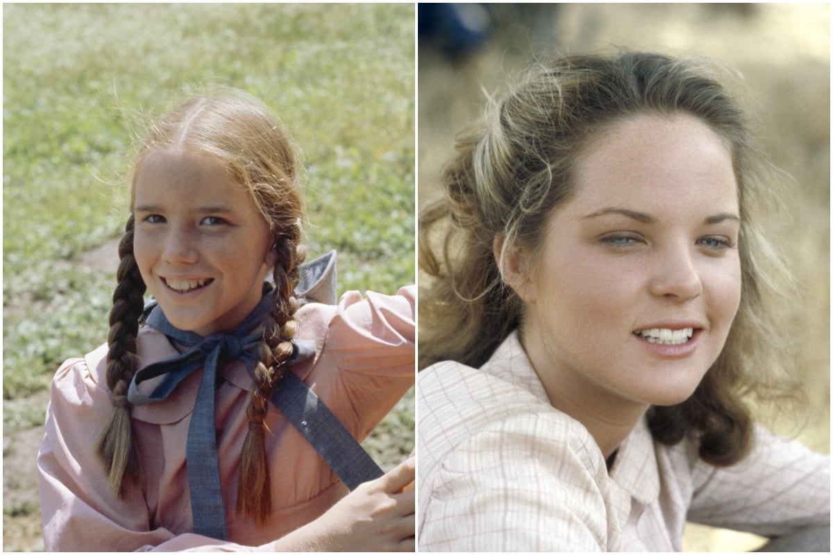 Melissa Gilbert in a pink dress and blue bow with pigtails/Melissa Sue Anderson in a white dress.