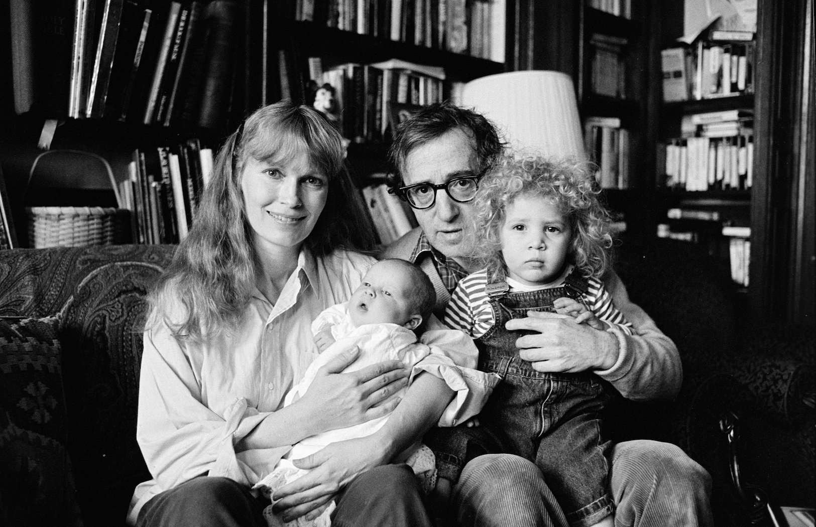 Mia Farrow, Woody Allen, and their children Dylan and Satchel in January 1988