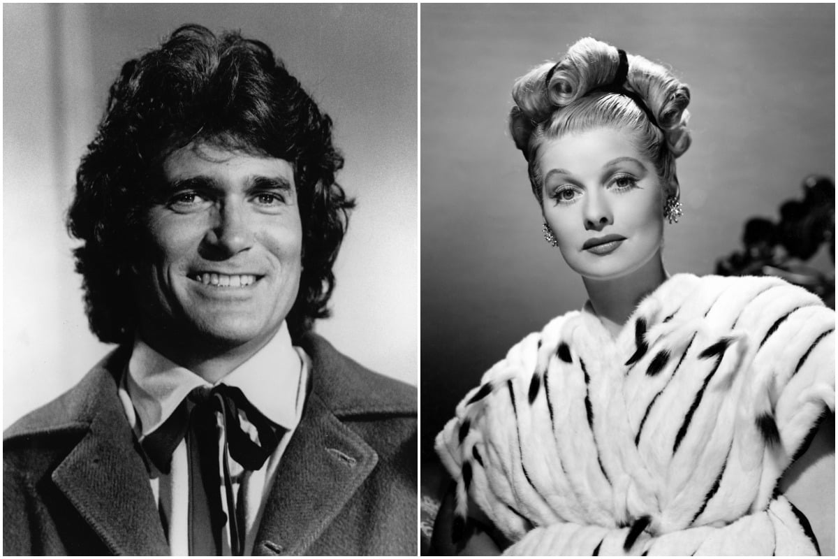 A black-and-white photo of Michael Landon in a suit/ A black-and-white photo of Lucille Ball in a dress.