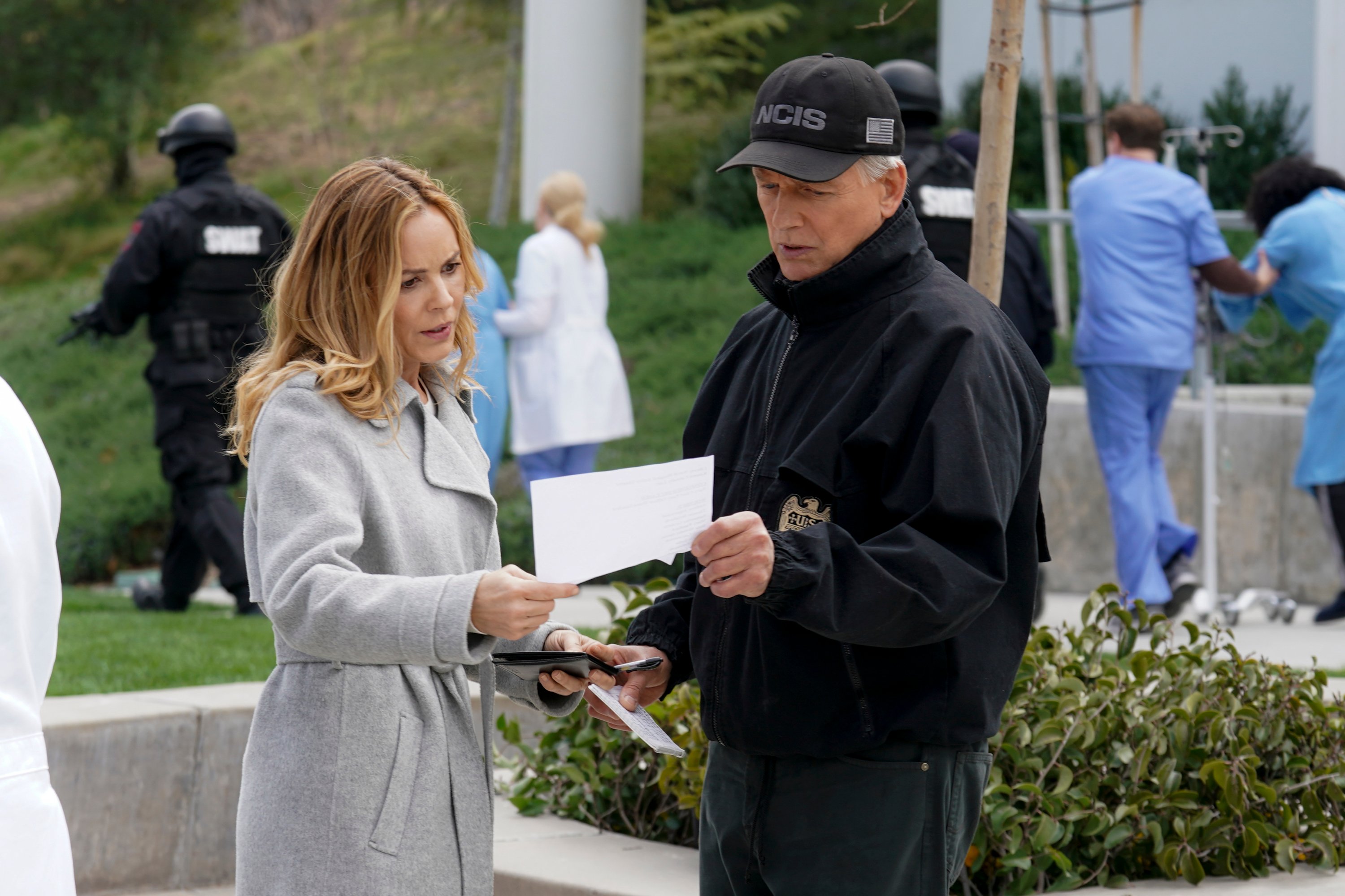 Maria Bello and Mark Harmon on the set of NCIS on Tuesday, April 9