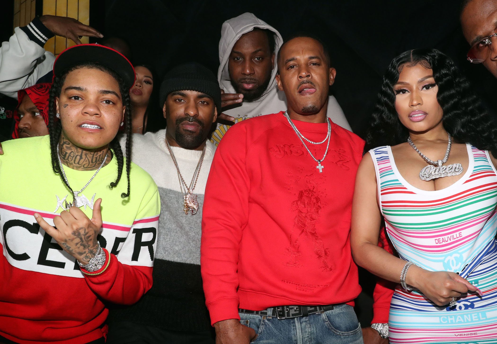 (L-R) Young M.A, DJ Clue, Big BZ, Kenneth Petty, and Nicki Minaj all standing together