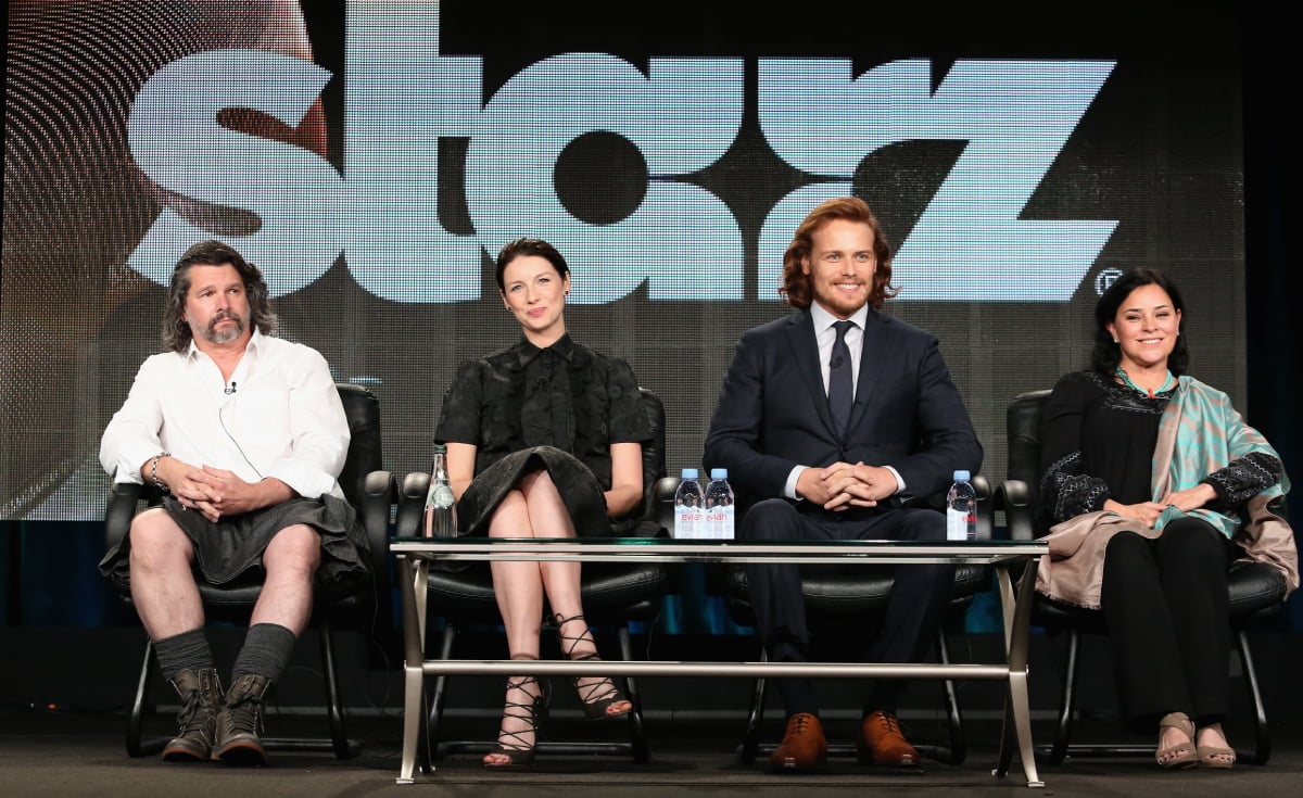 Outlander ep Ronald D. Moore, stars Caitriona Balfe, Sam Heughan, and author Diana Gabaldon in 2015