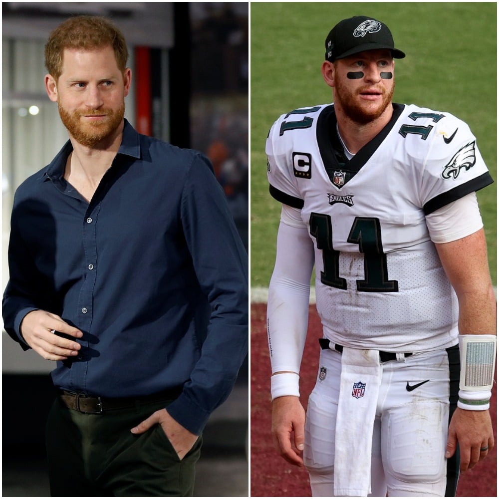 (L) Prince Harry attends an exhibition in England (R) Carson Wentz on the field