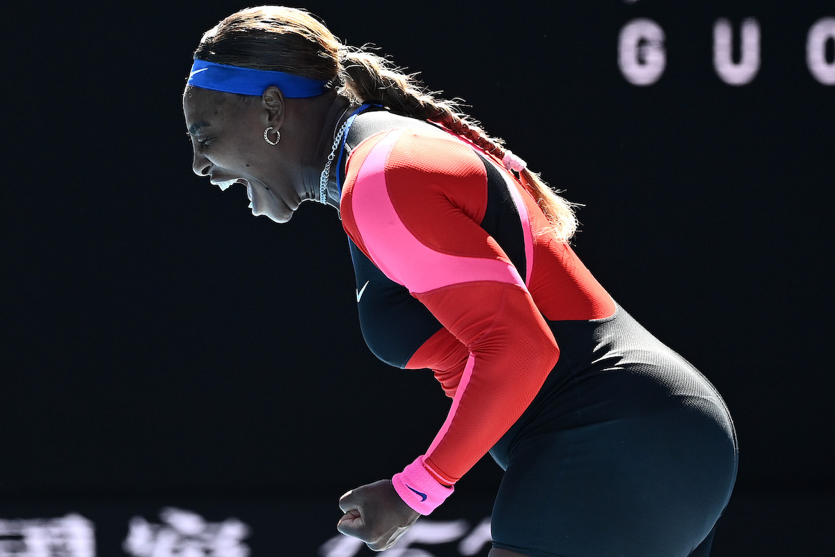 Serena Williams of the United States celebrates after winning a point in her Women's Singles fourth round match against Aryna Sabalenka of Belarus during day seven of the 2021 Australian Open at Melbourne Park on February 14, 2021 in Melbourne, Australia | Quinn Rooney/Getty Images