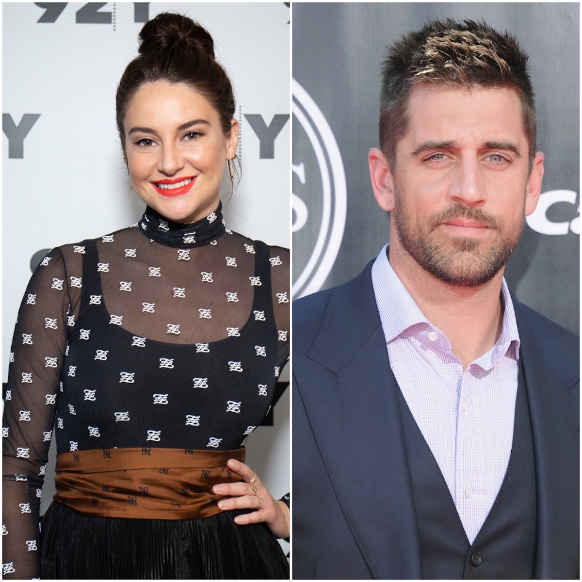 Shailene Woodley smiles on the red carpet and Aaron Rodgers looks into camera