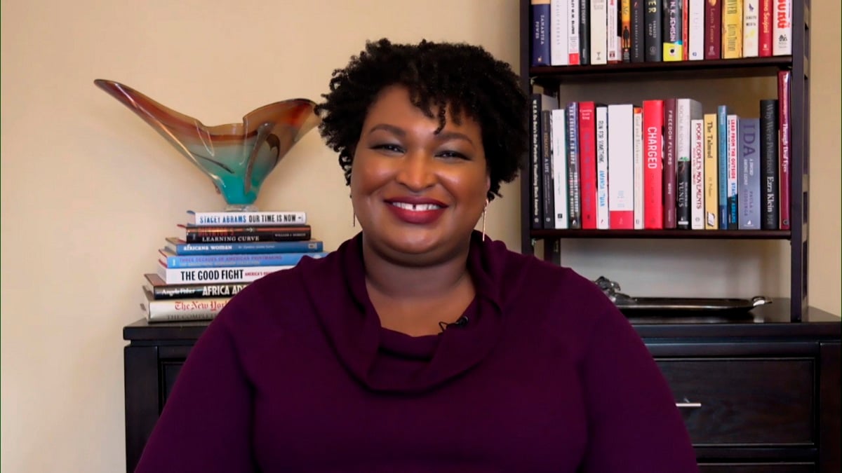 Stacey Abrams smiling on a video call with Jimmy Fallon in 2020