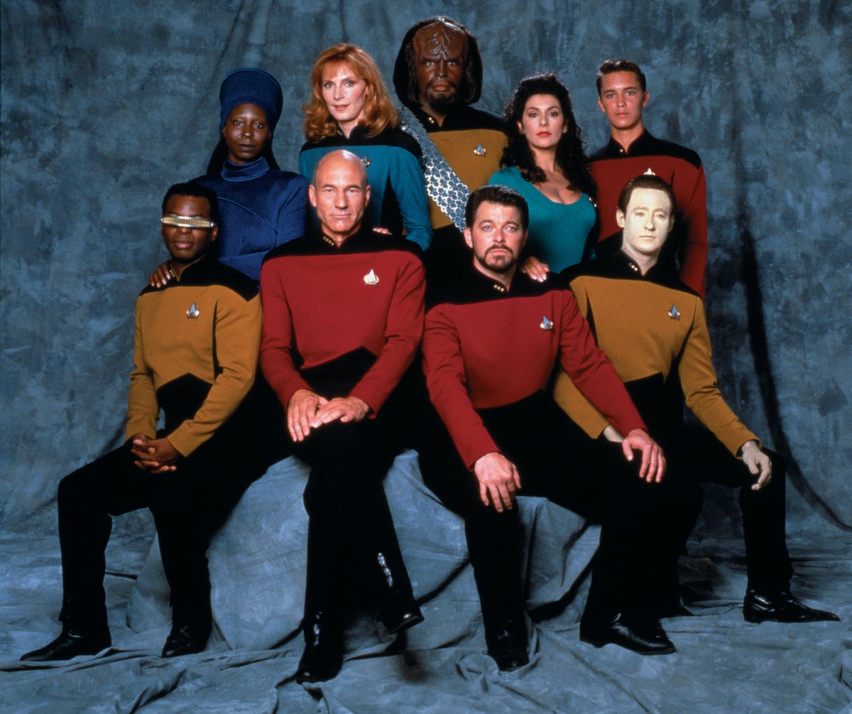 The cast of "Star Trek: The Next Generation", broadcast by CBS from 1987-1994.  (left to right, top row) Whoopi Goldberg as Guinan, Gates McFadden as Beverly Crusher, Michael Dorn as Worf, Marina Sirtis as Deanna Troi, Wil Wheaton as Wesley Crusher. (left to right, bottom row) LeVar Burton as Geordi La Forge, Patrick Stewart as Jean-Luc Picard, Jonathan Frakes as William Riker, and Brent Spiner as Data | CBS Photo Archive via Getty Images