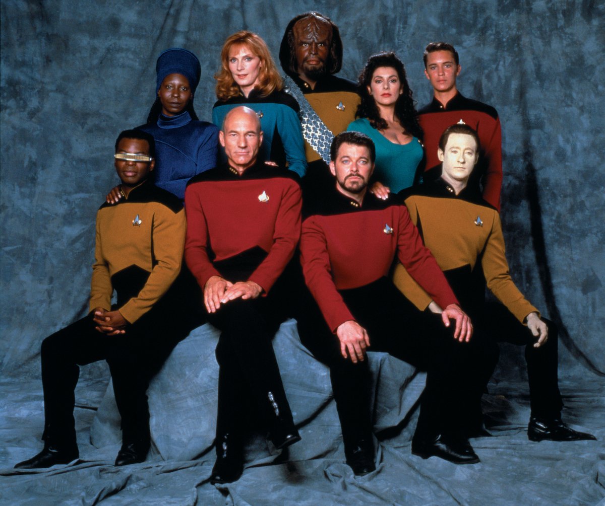 The cast of "Star Trek: The Next Generation", broadcast by CBS from 1987-1994. (left to right, top row) Whoopi Goldberg as Guinan, Gates McFadden as Beverly Crusher, Michael Dorn as Worf, Marina Sirtis as Deanna Troi, Wil Wheaton as Wesley Crusher. (left to right, bottom row) LeVar Burton as Geordi La Forge, Patrick Stewart as Jean-Luc Picard, Jonathan Frakes as William Riker, and Brent Spiner as Data | CBS Photo Archive via Getty Images