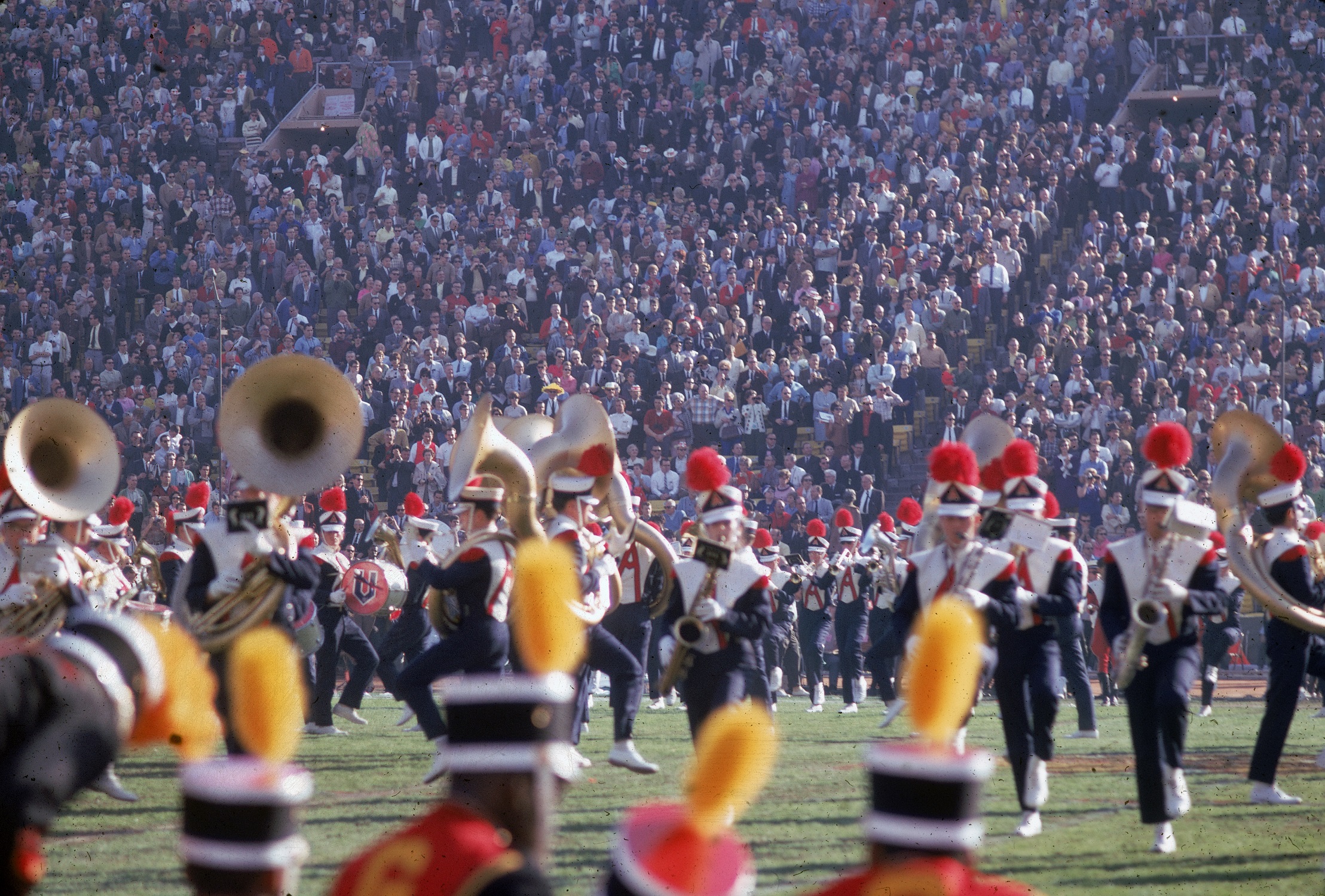 Members of the University of Arizona marching band perform on the field during the halftime show at Super Bowl I