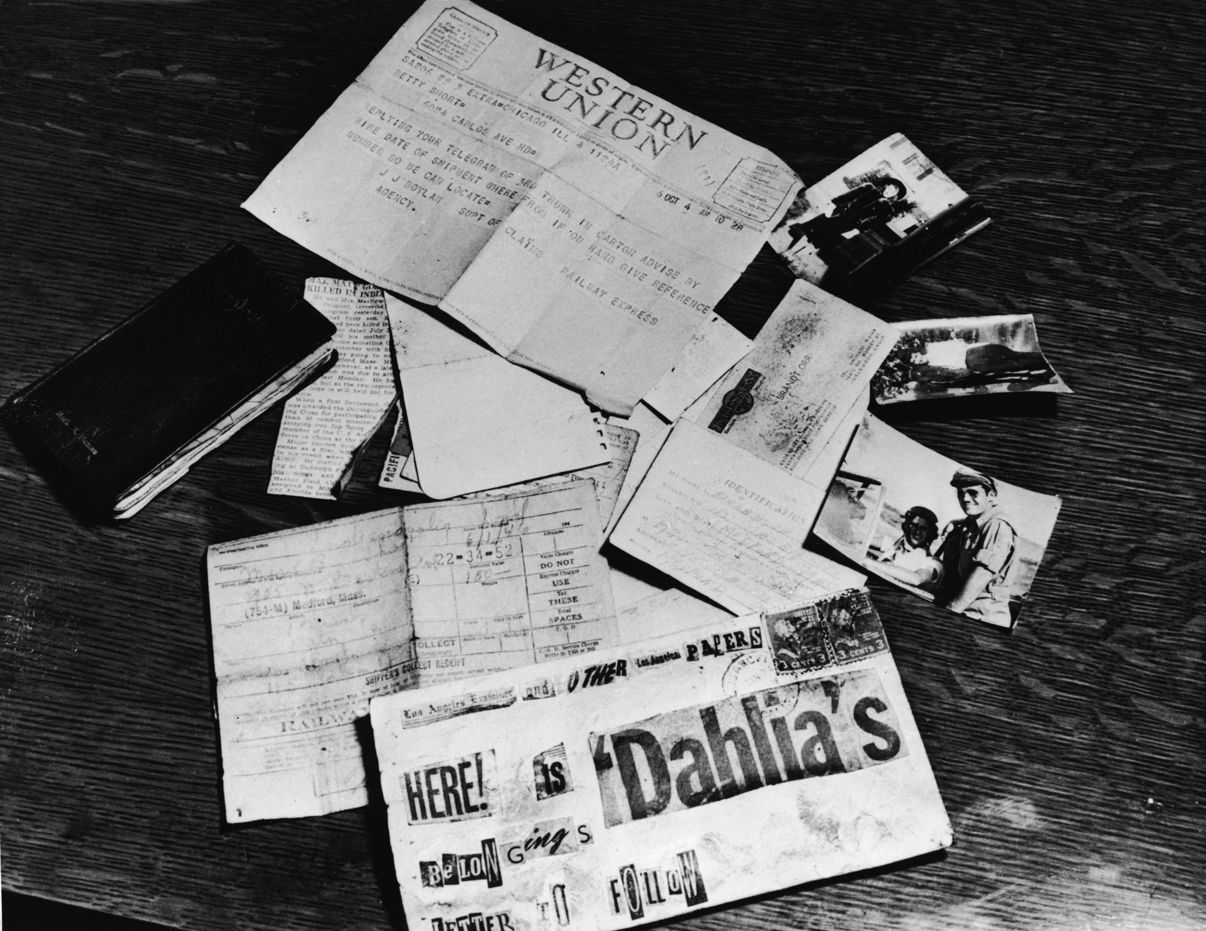Evidence concerning the murder of American aspiring actress and murder victim Elizabeth Short (1924 - 1947), known as the 'Black Dahlia,