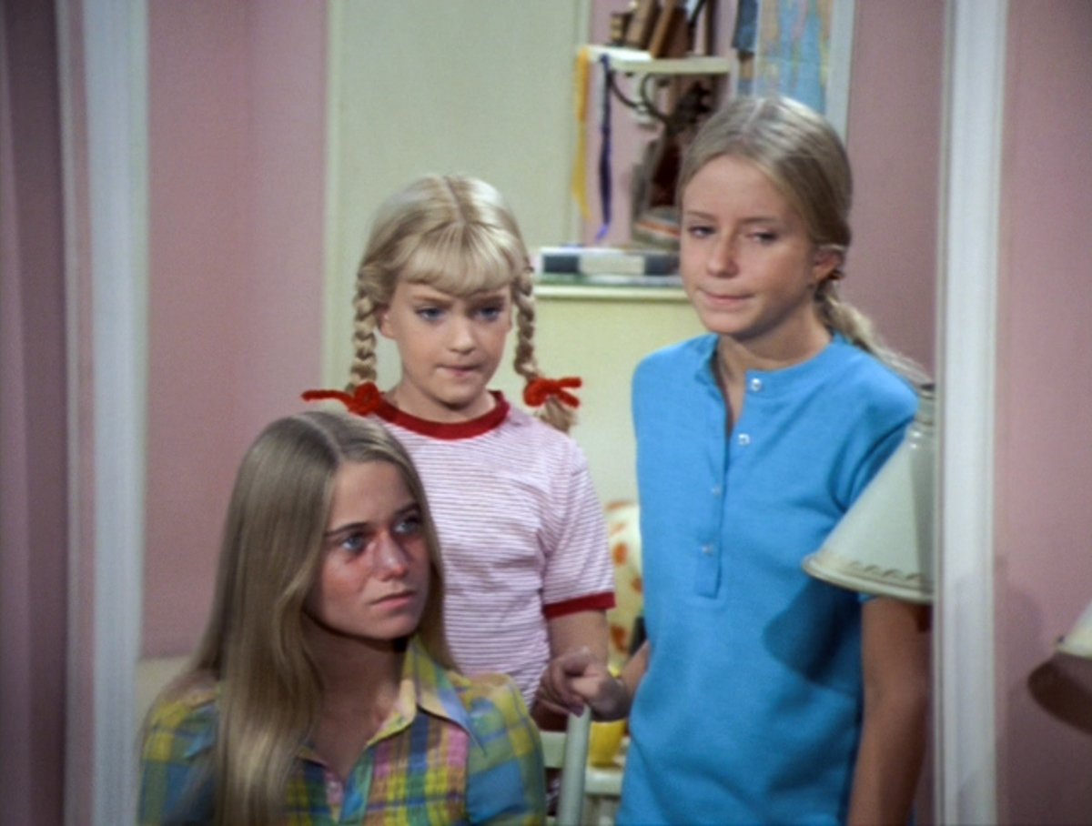 Maureen McCormick as Marcia Brady, Susan Olsen as Cindy Brady, and Eve Plumb as Jan Brady in the BRADY BUNCH episode, "The Subject Was Noses."