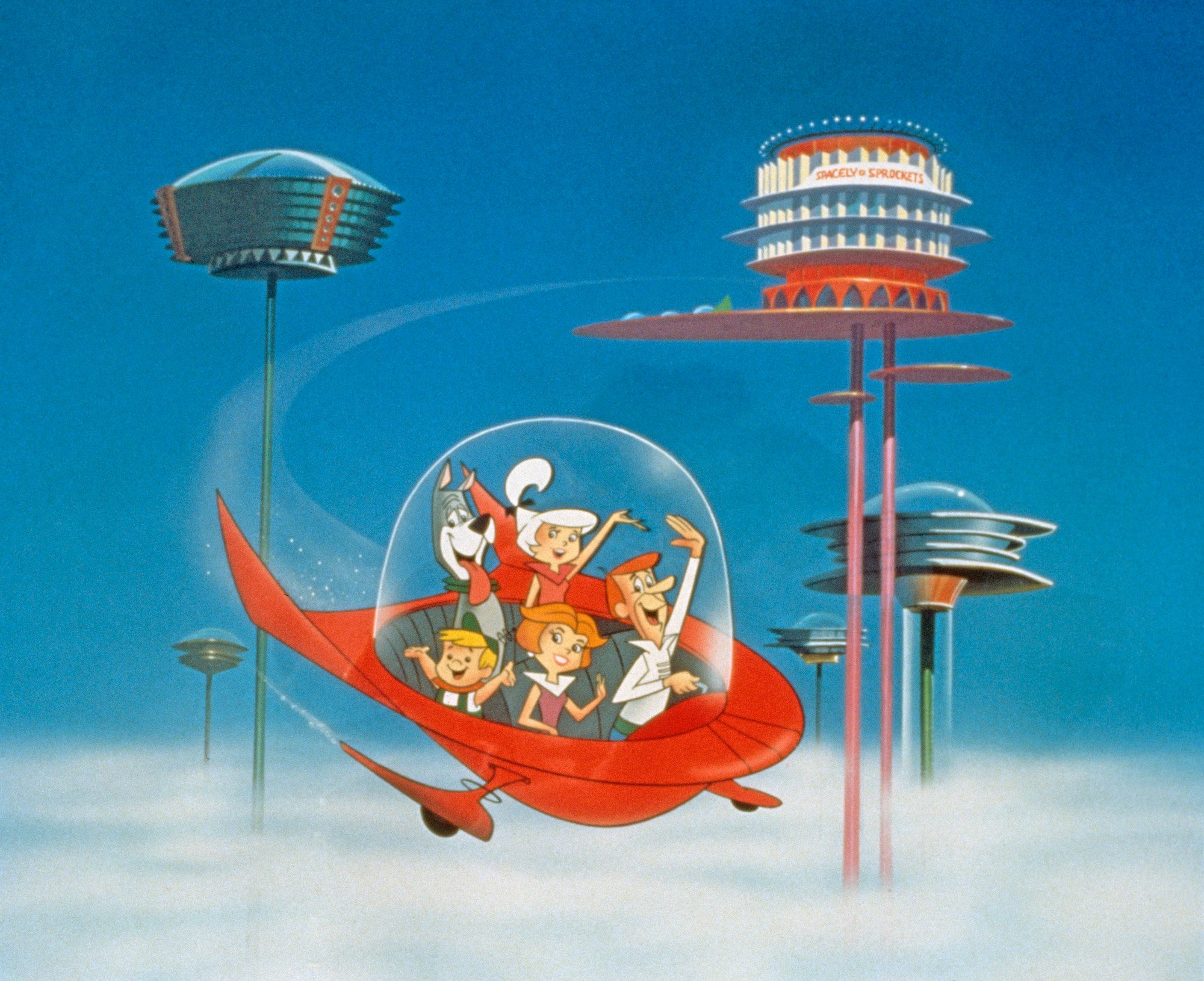 Cartoon of The Jetsons in a flying car