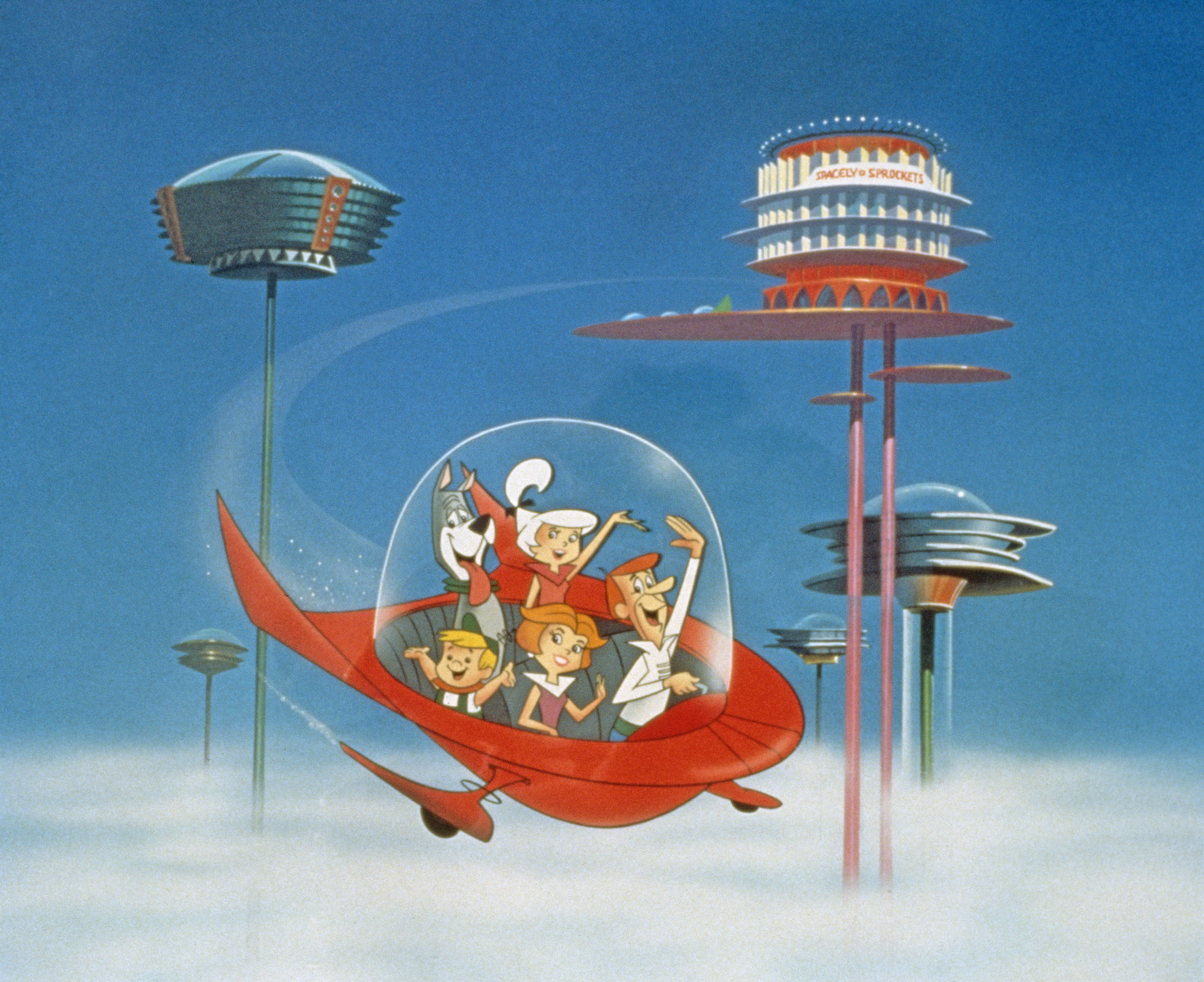 Cartoon of The Jetsons in a flying car