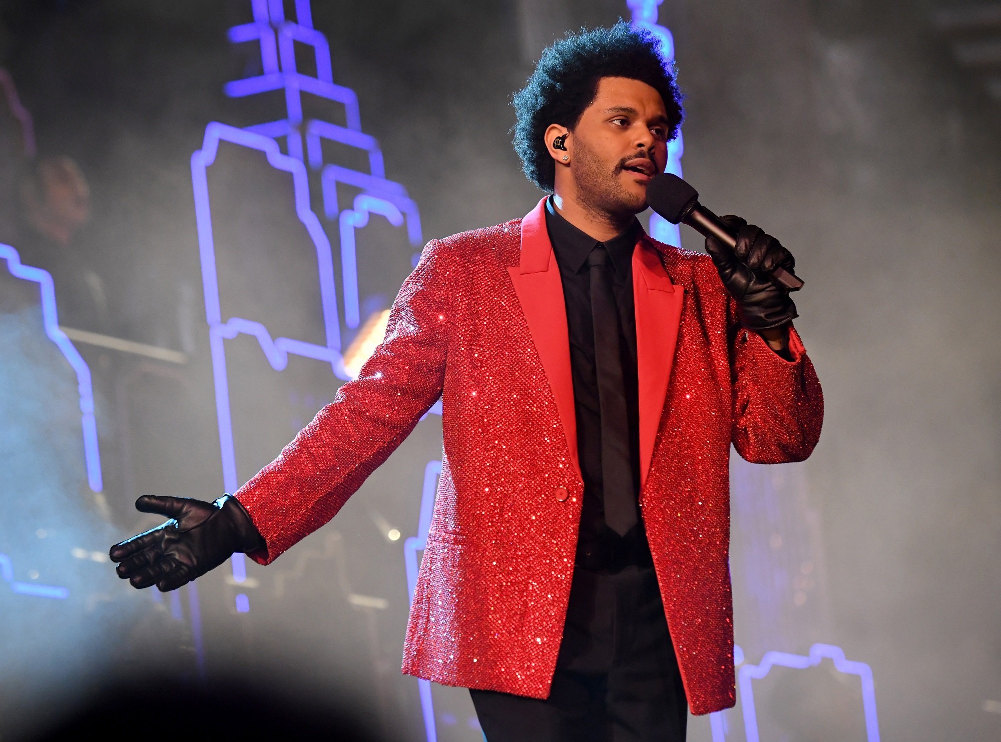 The Weeknd rehearses for the Super Bowl LV Halftime Show at Raymond James Stadium on February 04, 2021 in Tampa, Florida | Kevin Mazur/Getty Images for TW