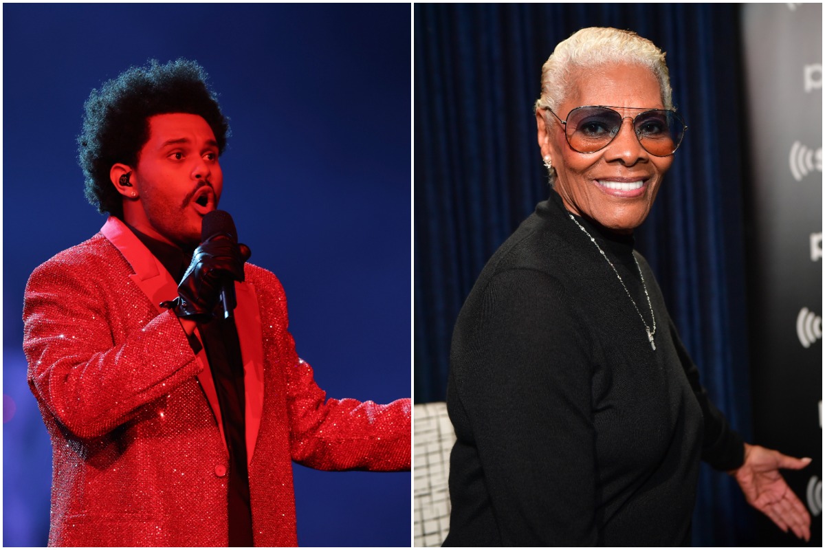 TAMPA, FLORIDA - FEBRUARY 07: The Weeknd performs during the Pepsi Super Bowl LV Halftime Show at Raymond James Stadium on February 07, 2021 in Tampa, Florida./ATLANTA, GA - DECEMBER 19: Dionne Warwick attends Sirius XM + Pandora Playback with Dionne Warwick on December 19, 2019 in Atlanta, Georgia.