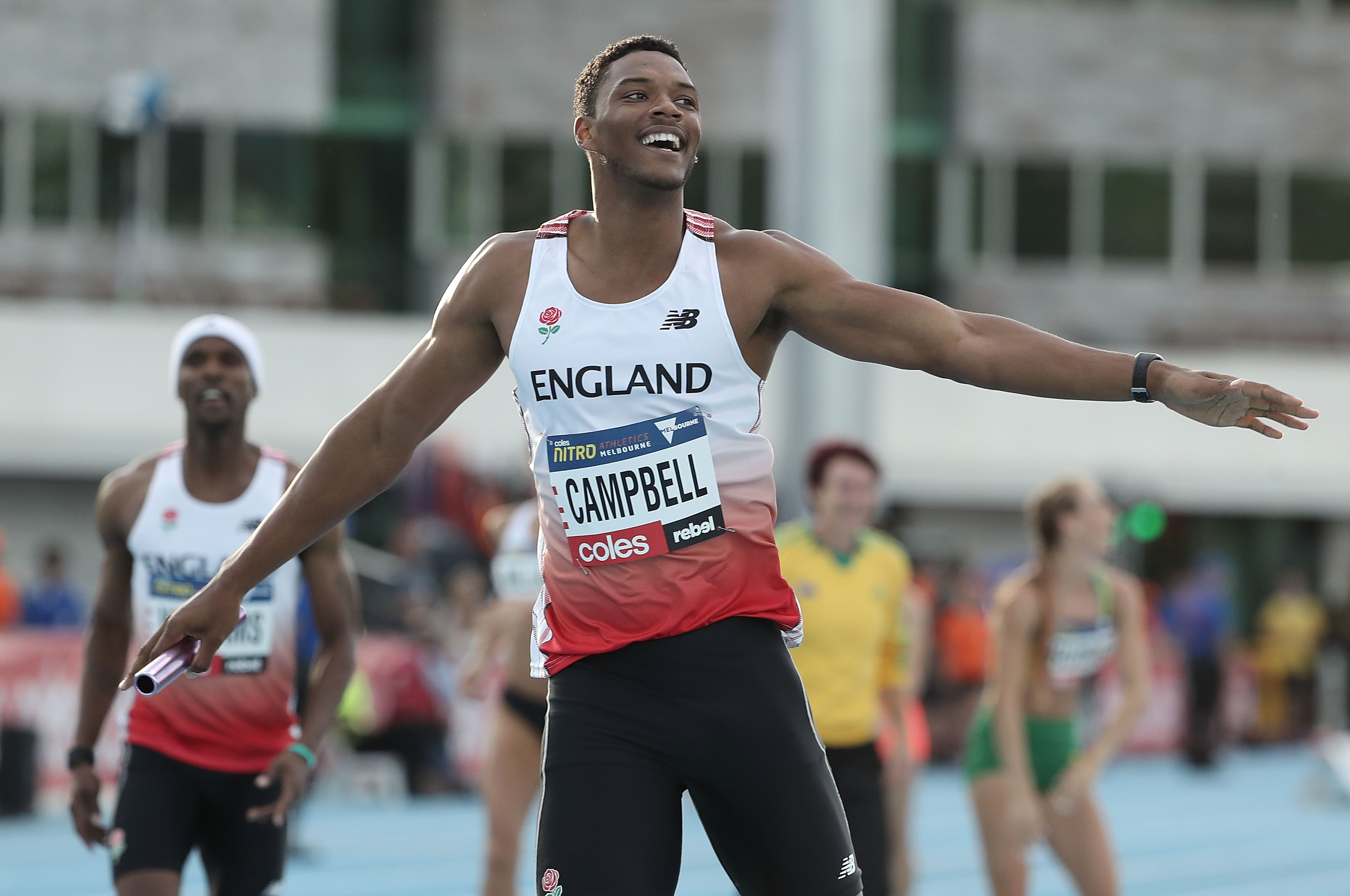Theo Campbell of England celebrates as he crosses the finish line to win the Mixed 4x400 Metre Relay during the 2017 Nitro Athletics Series