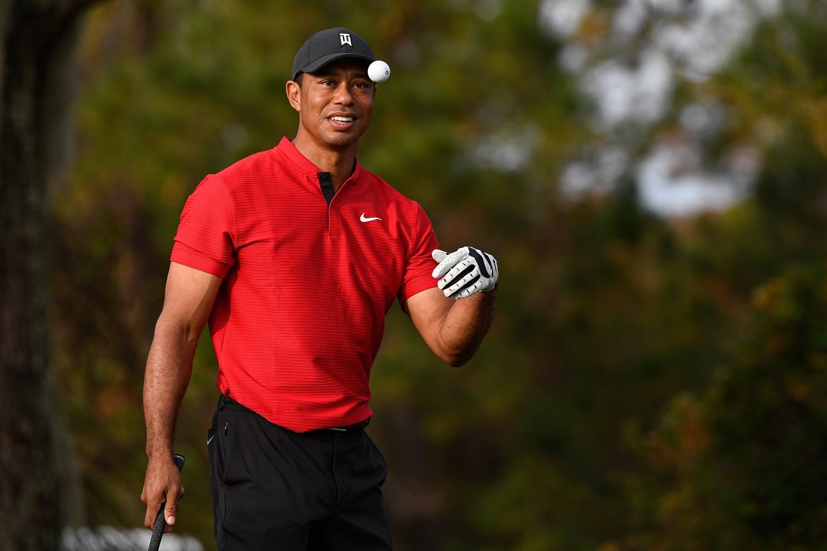 Tiger Woods catches ball during final round of PGA TOUR Champions PNC Championship