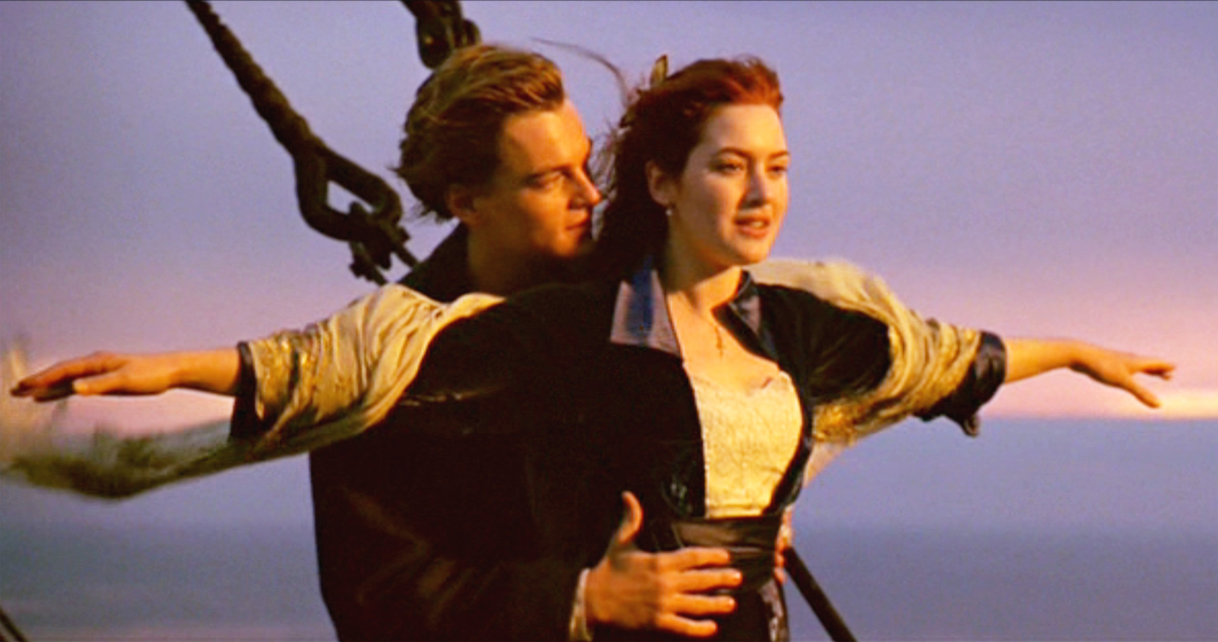 Leonardo Dicaprio and Kate Winslet as Jack Dawson and Rose DeWitt Bukater during the iconic 'I'm flying' scene from the film 'Titanic'
