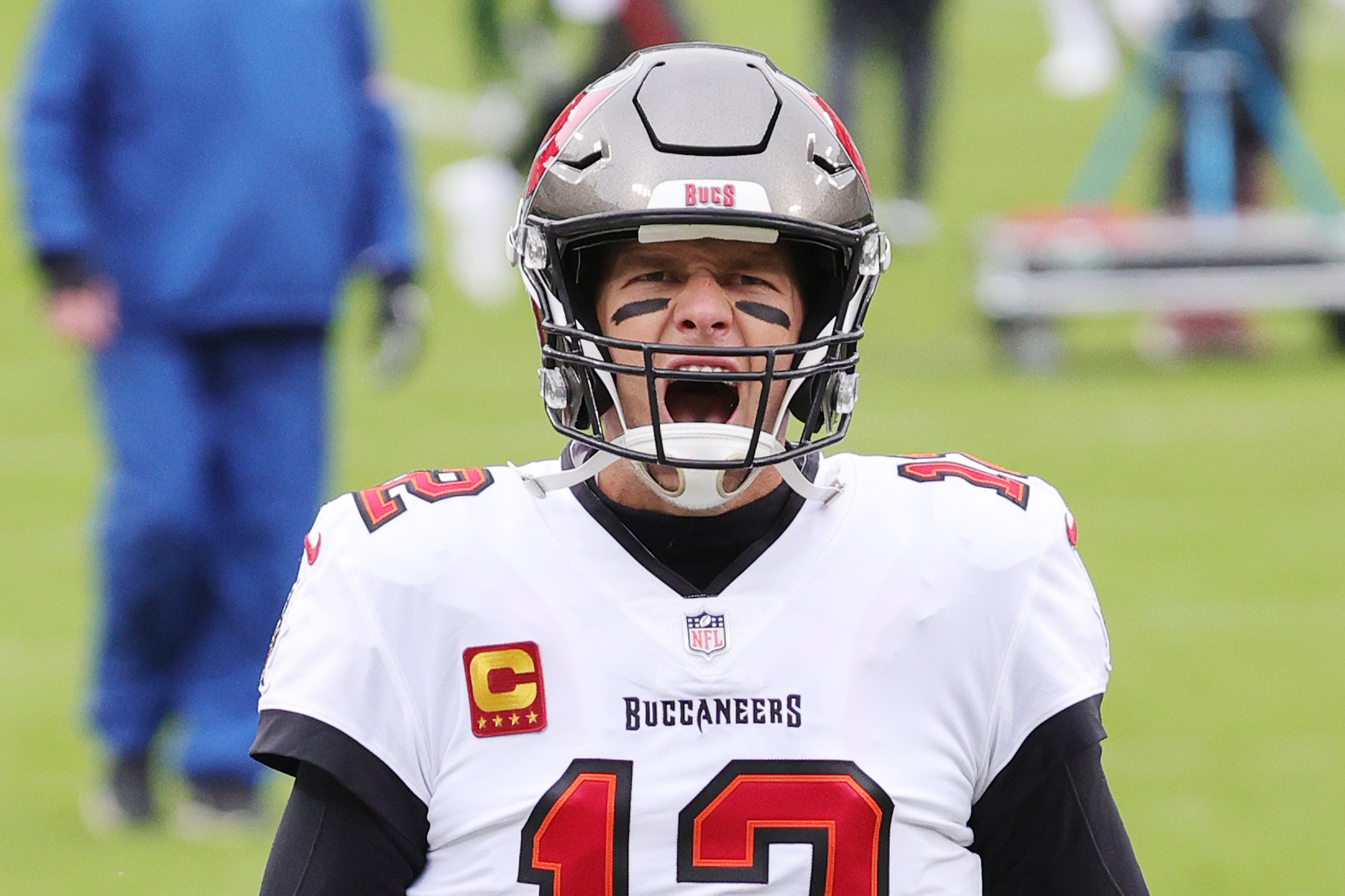 Tom Brady, #12 of the Tampa Bay Buccaneers warms up prior to their NFC Championship game