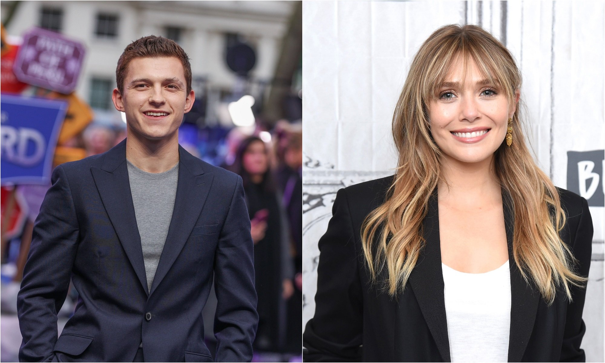 Tom Holland at the 'Onward' UK Premiere in 2020 and Elizabeth Olsen smiles at the camera while visiting the Build Series in 2019