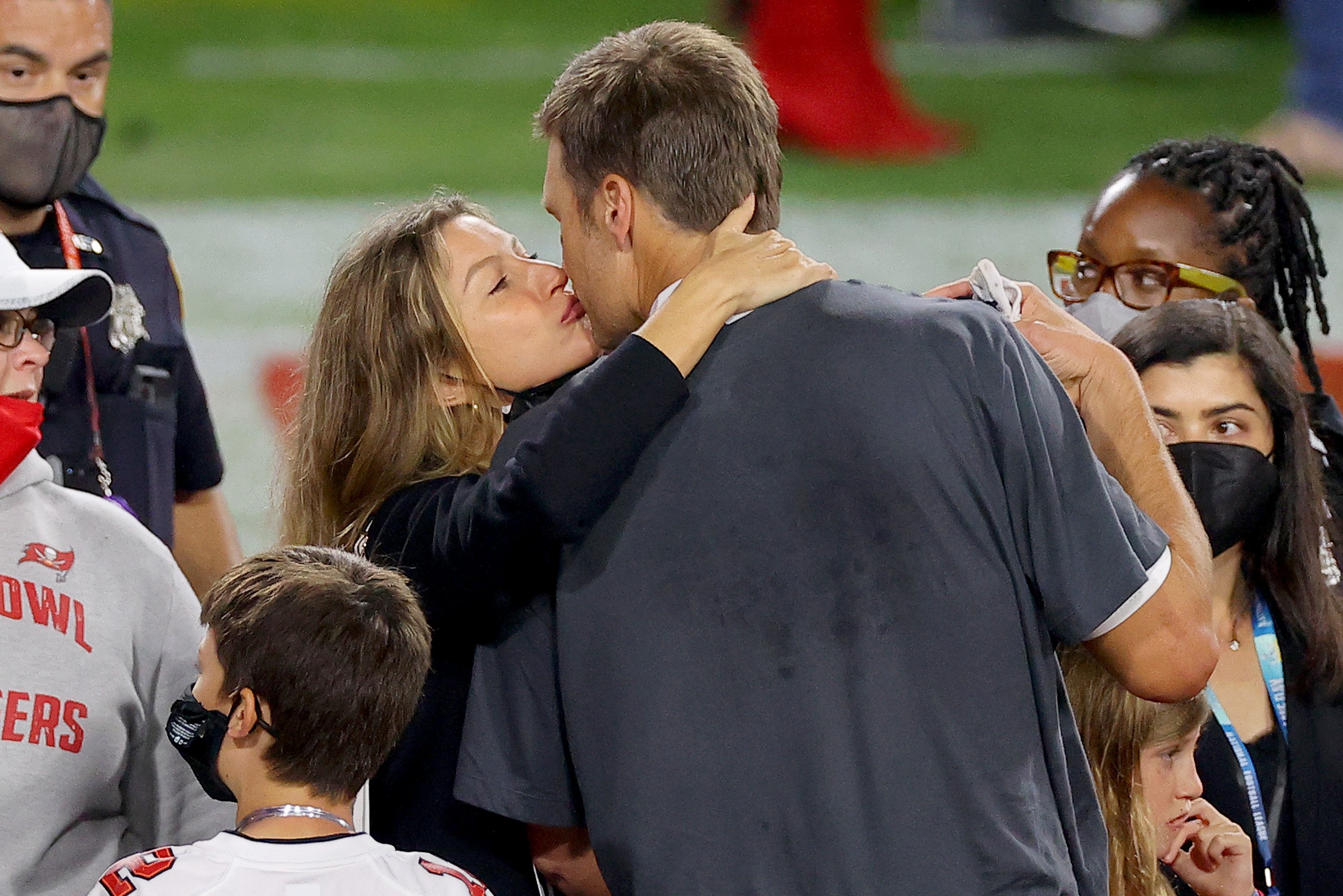 Tom Brady #12  celebrates with Gisele Bundchen after winning Super Bowl LV