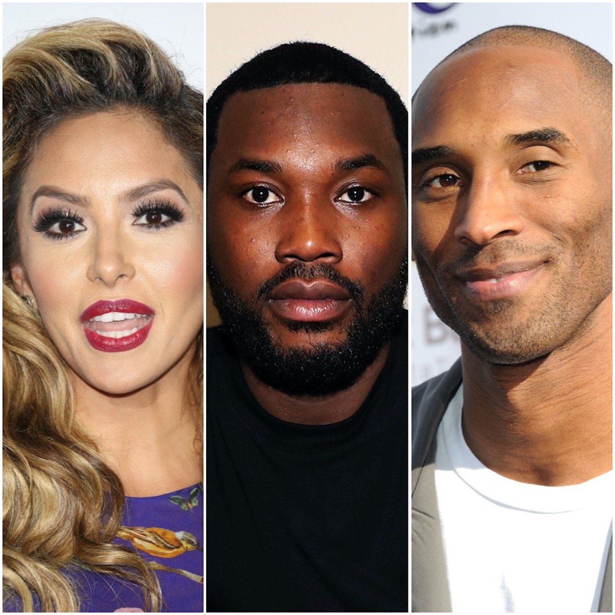 A photo collage of Vanessa Bryant, Meek Mill, and Kobe Bryant