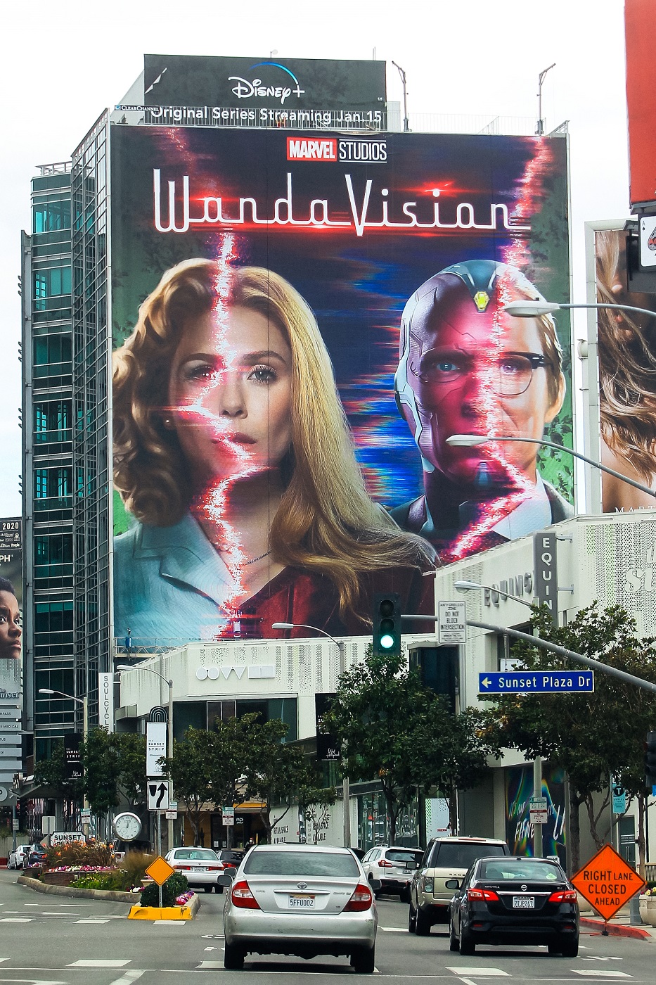 Elizabeth Olsen and Paul Bettany in a billboard ad for 'Wandavision' on Sunset Boulveard in January 2021