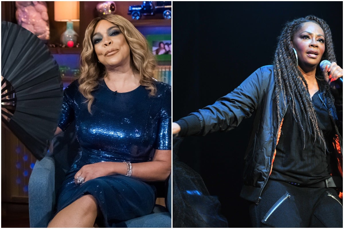Wendy Williams smiling in a blue dress with a black fan/Jody Watley singing with a black outfit and braids.