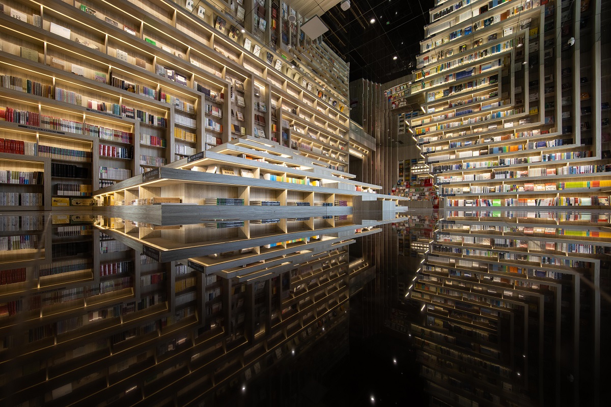 Zigzag rows of books at the Zhongshuge Bookstore in China